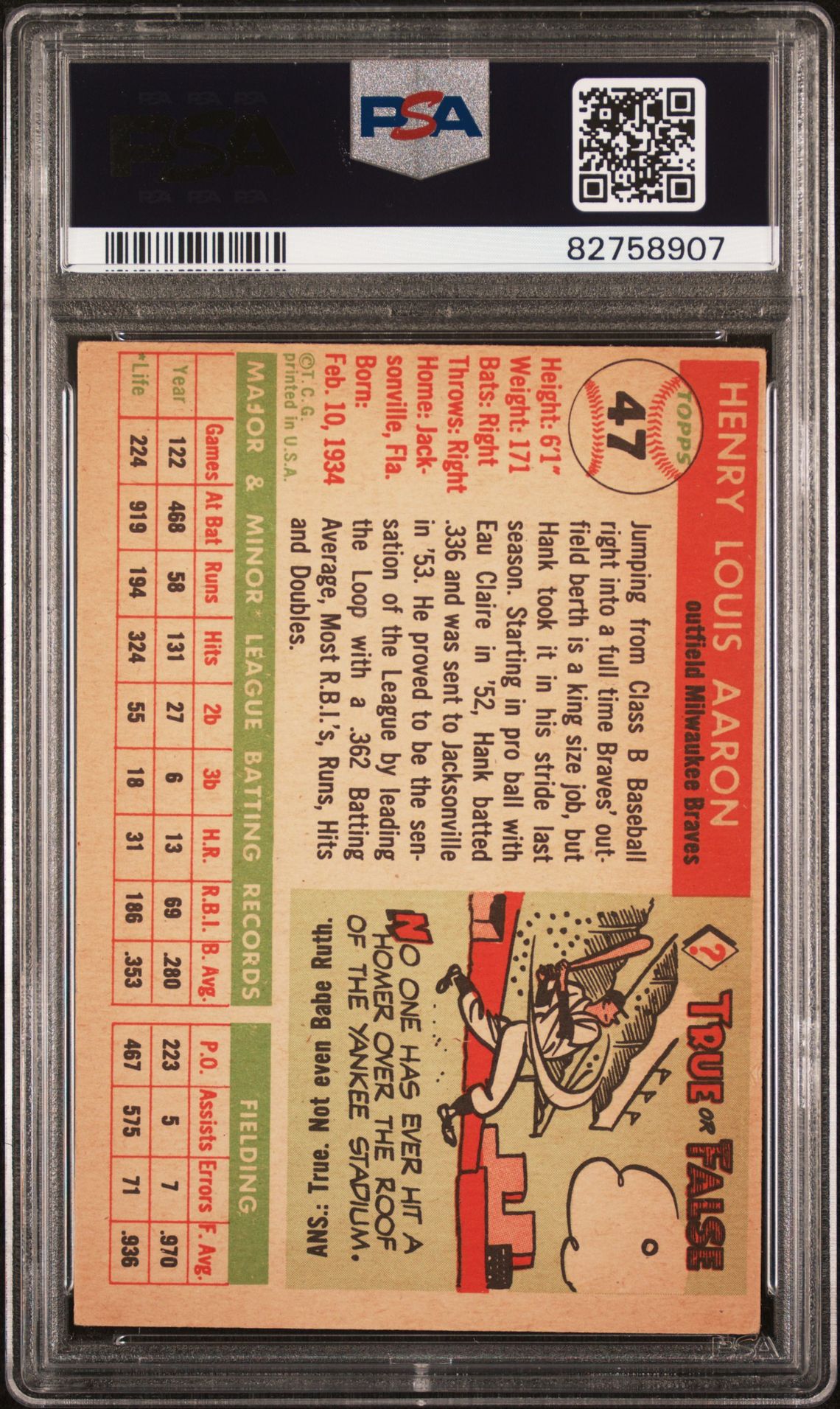 1955 Topps Hank Aaron #47 Vg-Ex 4 back