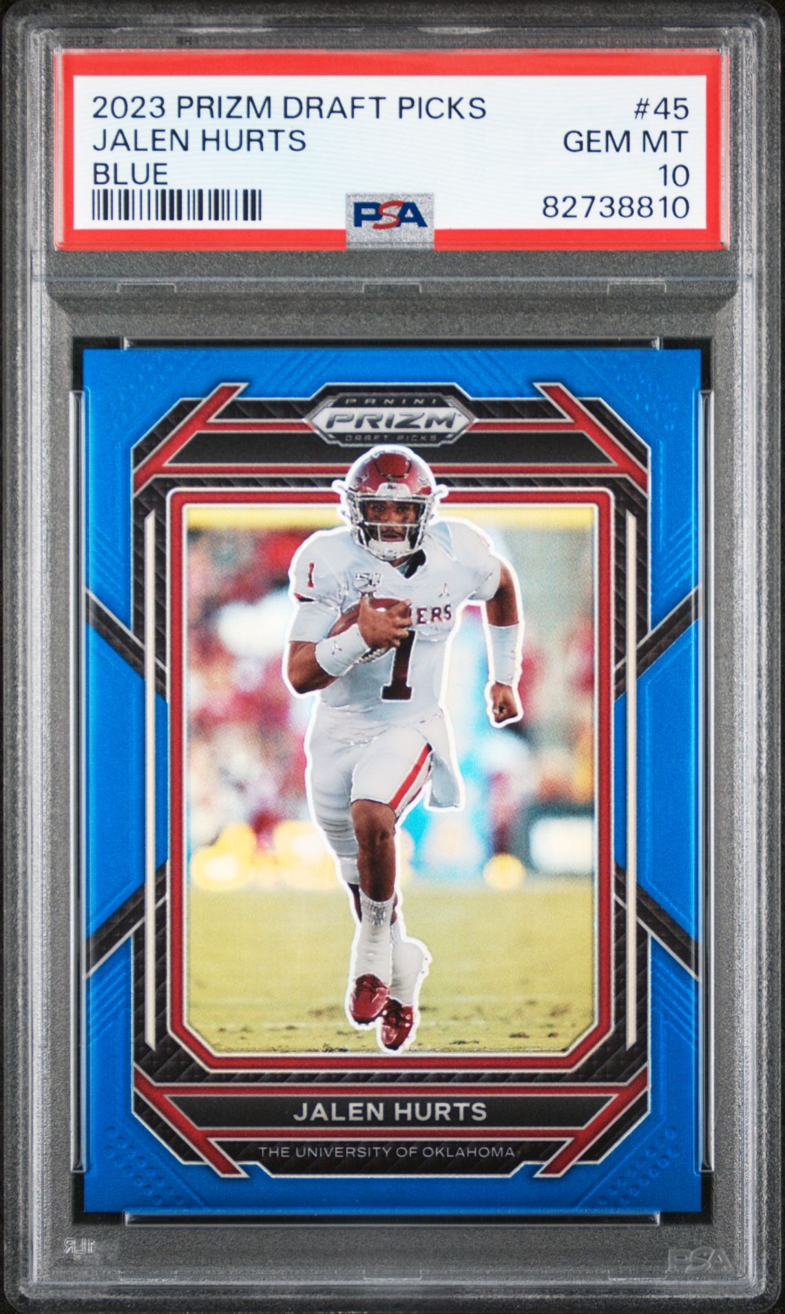 2023 Panini Prizm Draft Picks Jalen Hurts #45 (Blue Prizm) Gem Mt 10 front view - PSA graded GEM MT 10