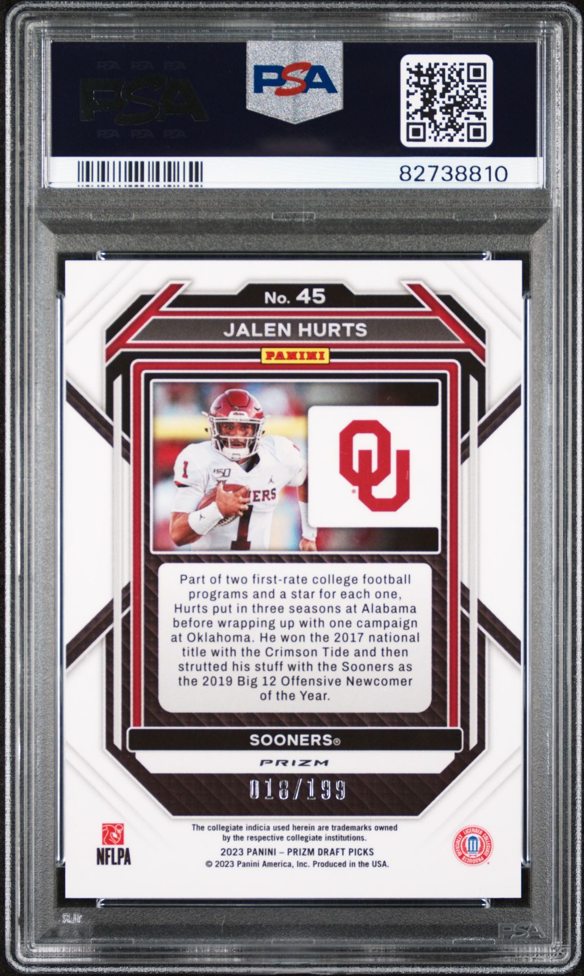 2023 Panini Prizm Draft Picks Jalen Hurts #45 (Blue Prizm) Gem Mt 10 back view - PSA certificate #82738810