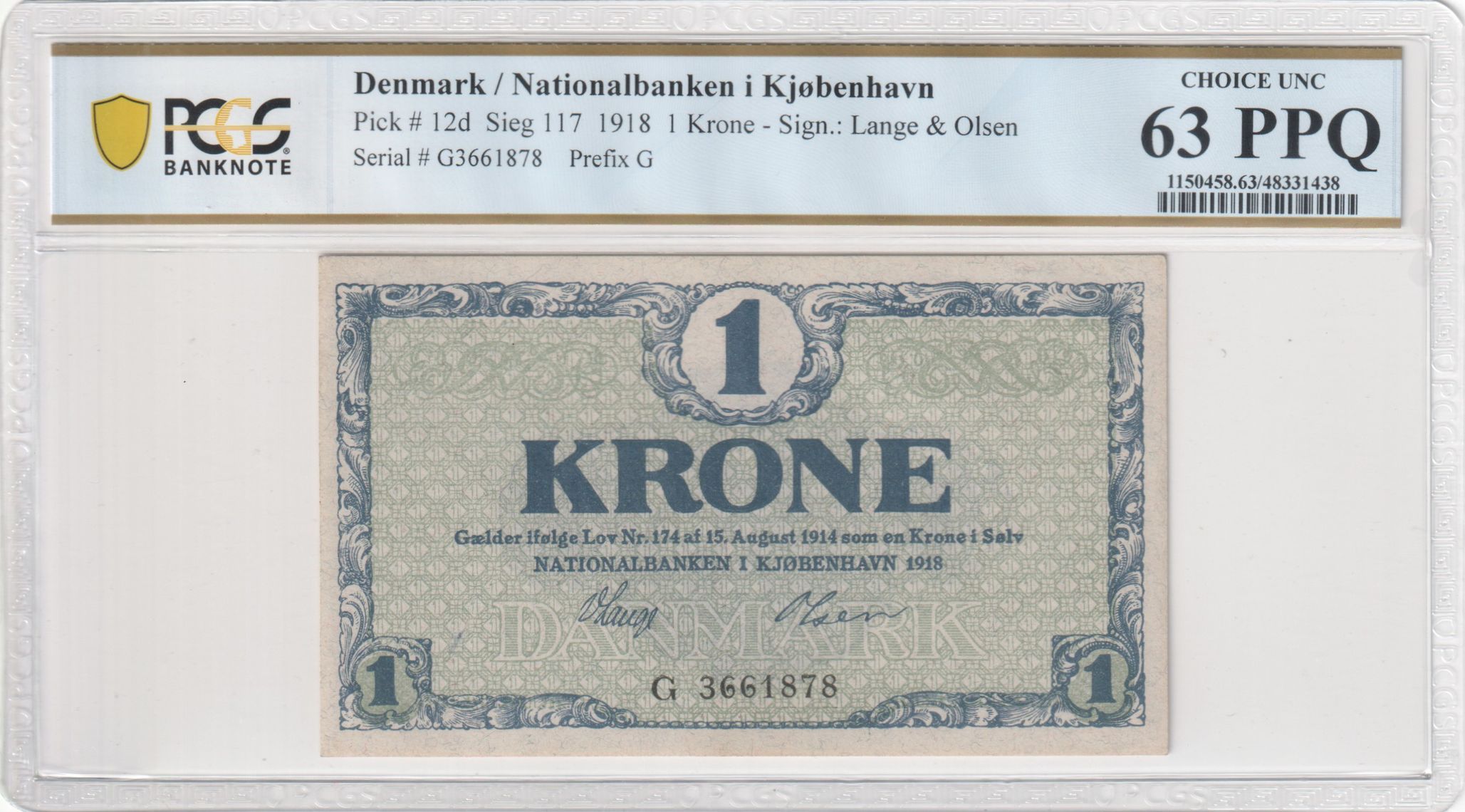 Pick # 12d 1918 1 Krone Nationalbanken i Kjøbenhavn Sign.: Lange ...