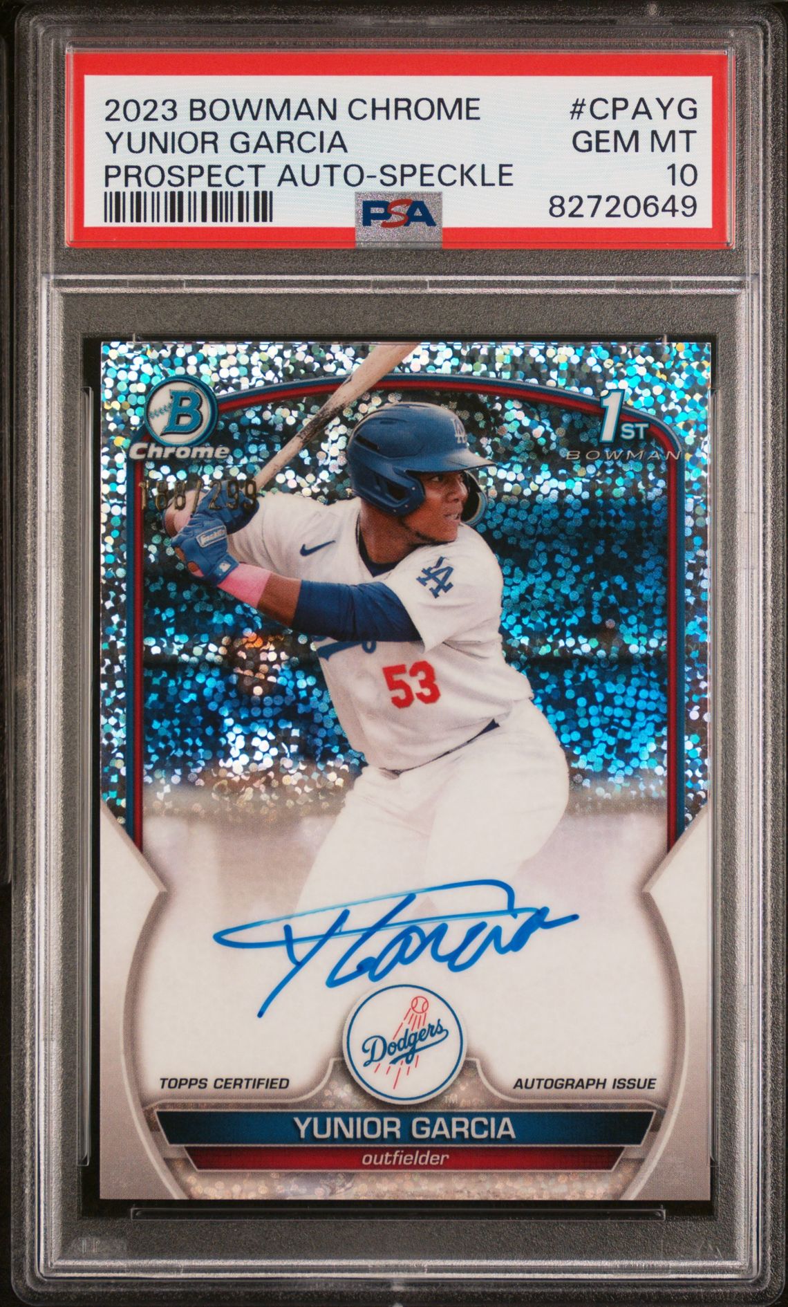 2023 Bowman Chrome BOWMAN CHROME PROSPECT AUTOGRAPHS SPECKLE REF #CPAYG Yunior Garcia front