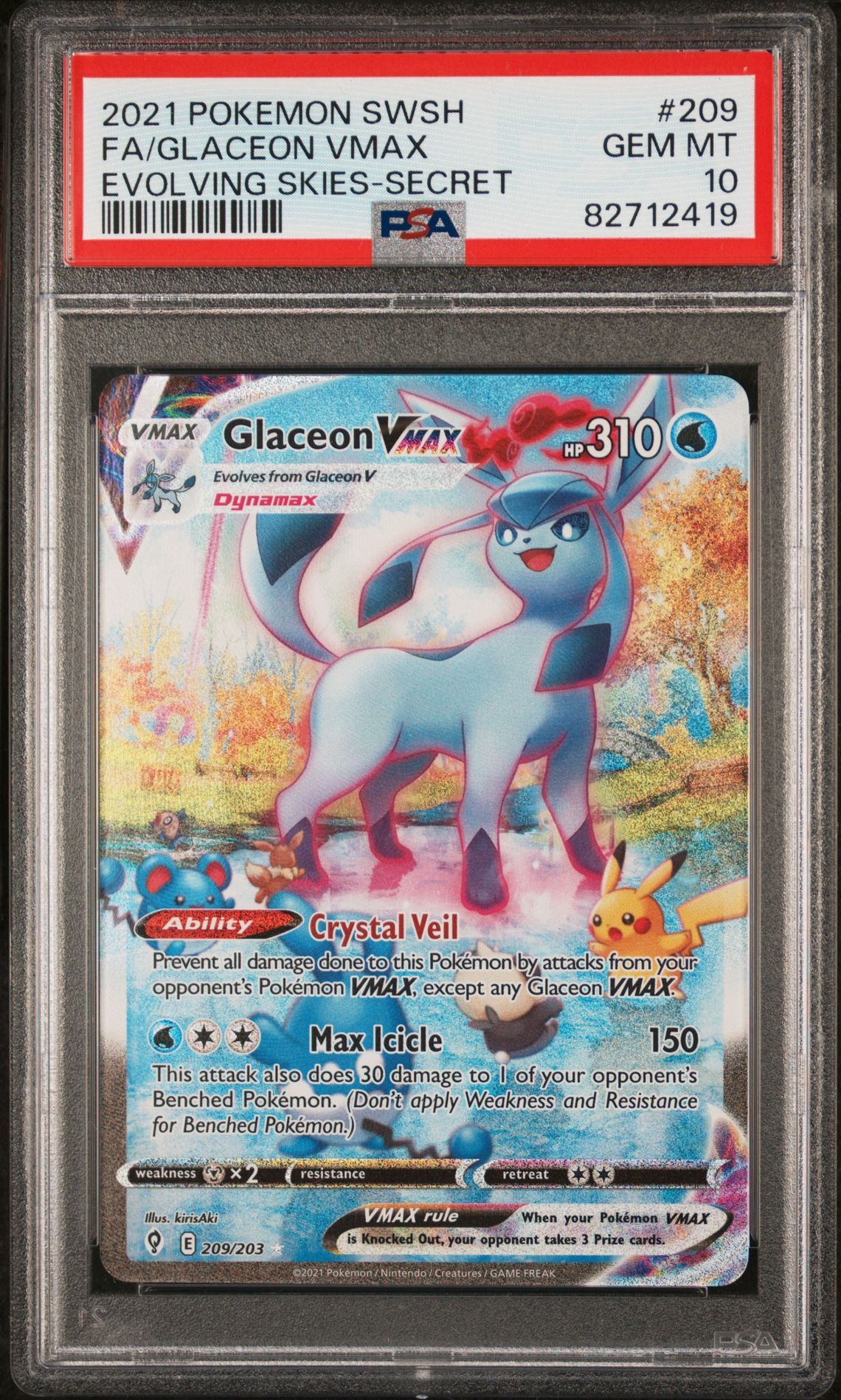 2021 Pokemon Sword & Shield Evolving Skies Fa/Glaceon Vmax #209 (Evolving Skies-Secret) Gem Mt 10 front
