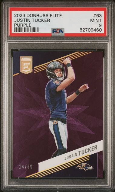 2023 Panini Donruss Elite Purple #63 Justin Tucker (#14/49) – PSA