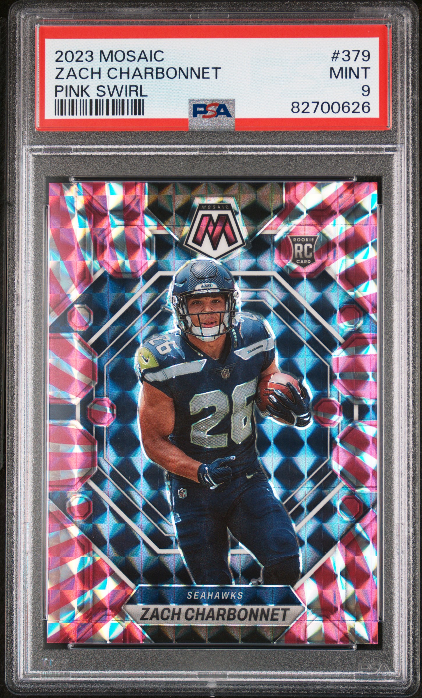 2023 Panini Mosaic Pink Swirl #379 Zach Charbonnet Rookie Card (#04/11) – PSA MINT 9