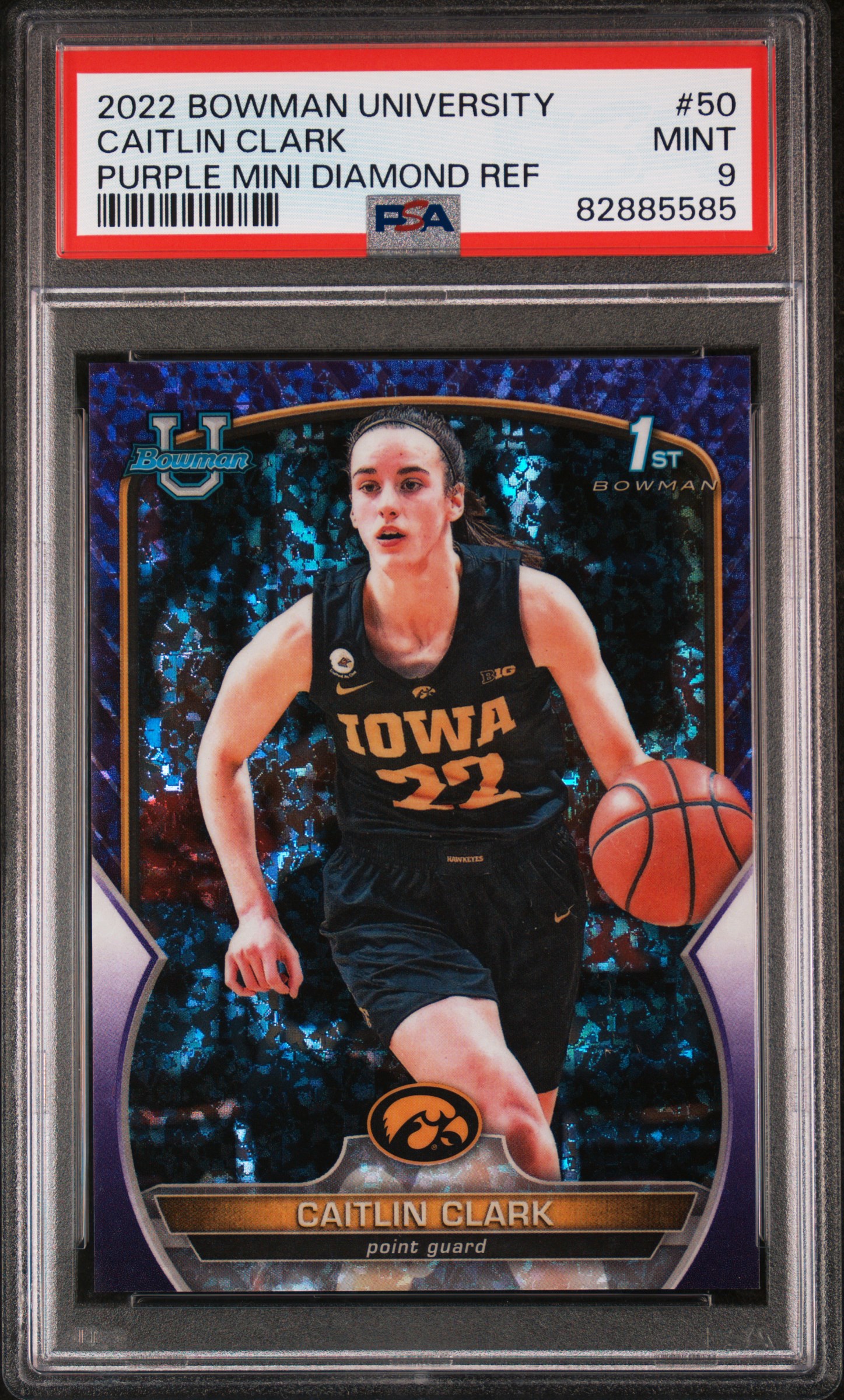 2022-23 Bowman Chrome University Purple Mini Diamond Refractor #50 Caitlin Clark Rookie Card (#349/399) – PSA MINT 9