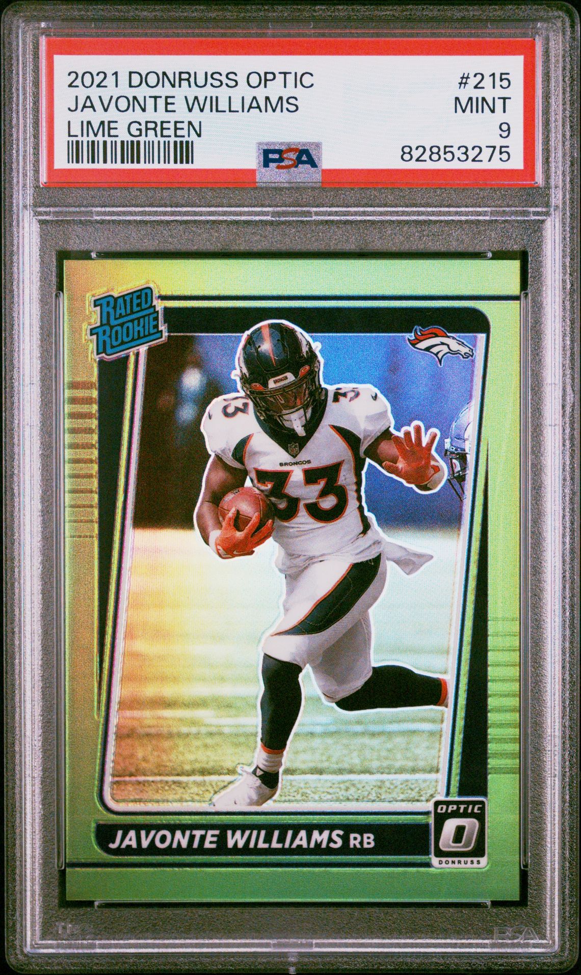 2021 Panini Donruss Optic Javonte Williams #215 (Lime Green) Mint 9 front