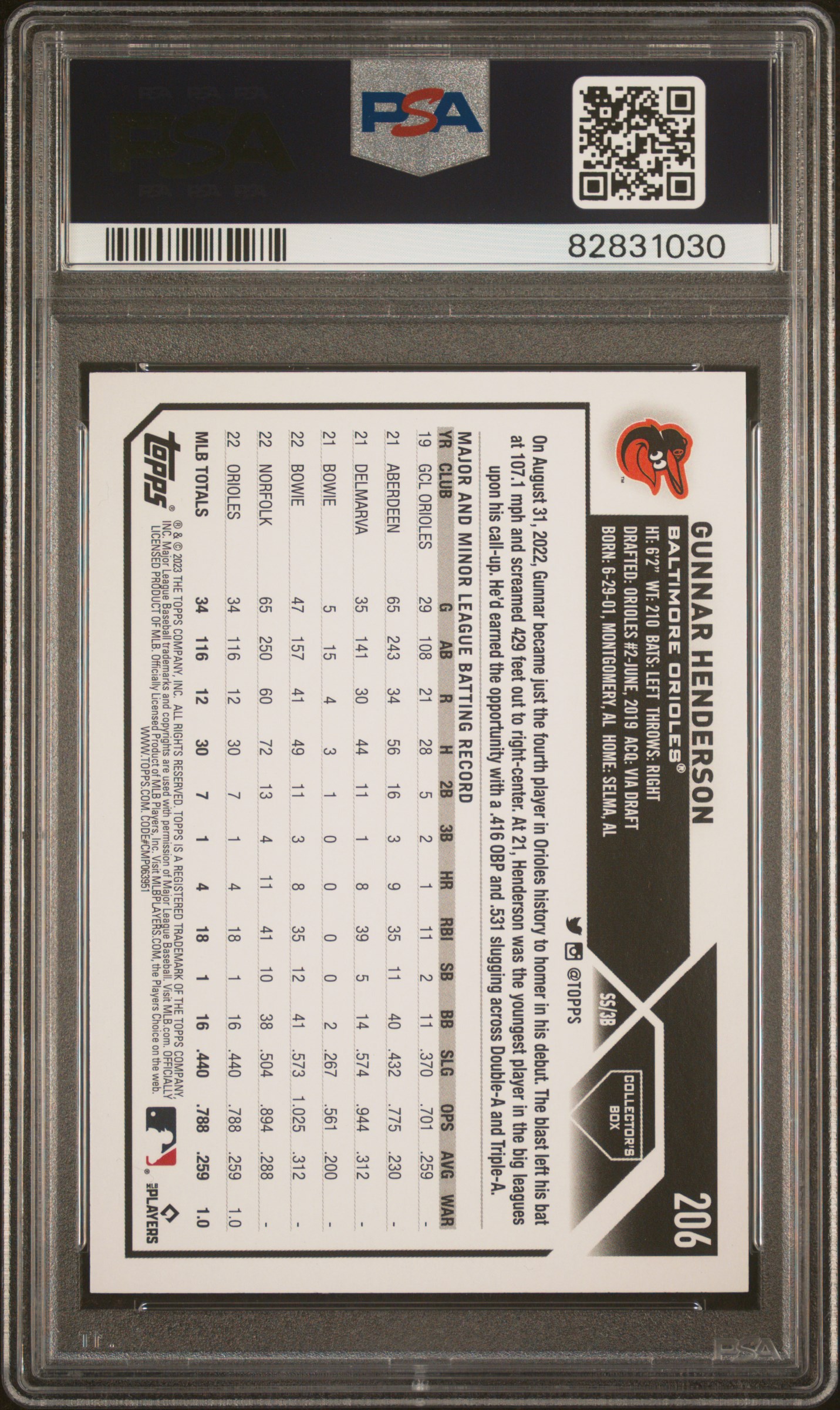 2023 Topps Gunnar Henderson #206 (Silver Foil) Gem Mt 10 back