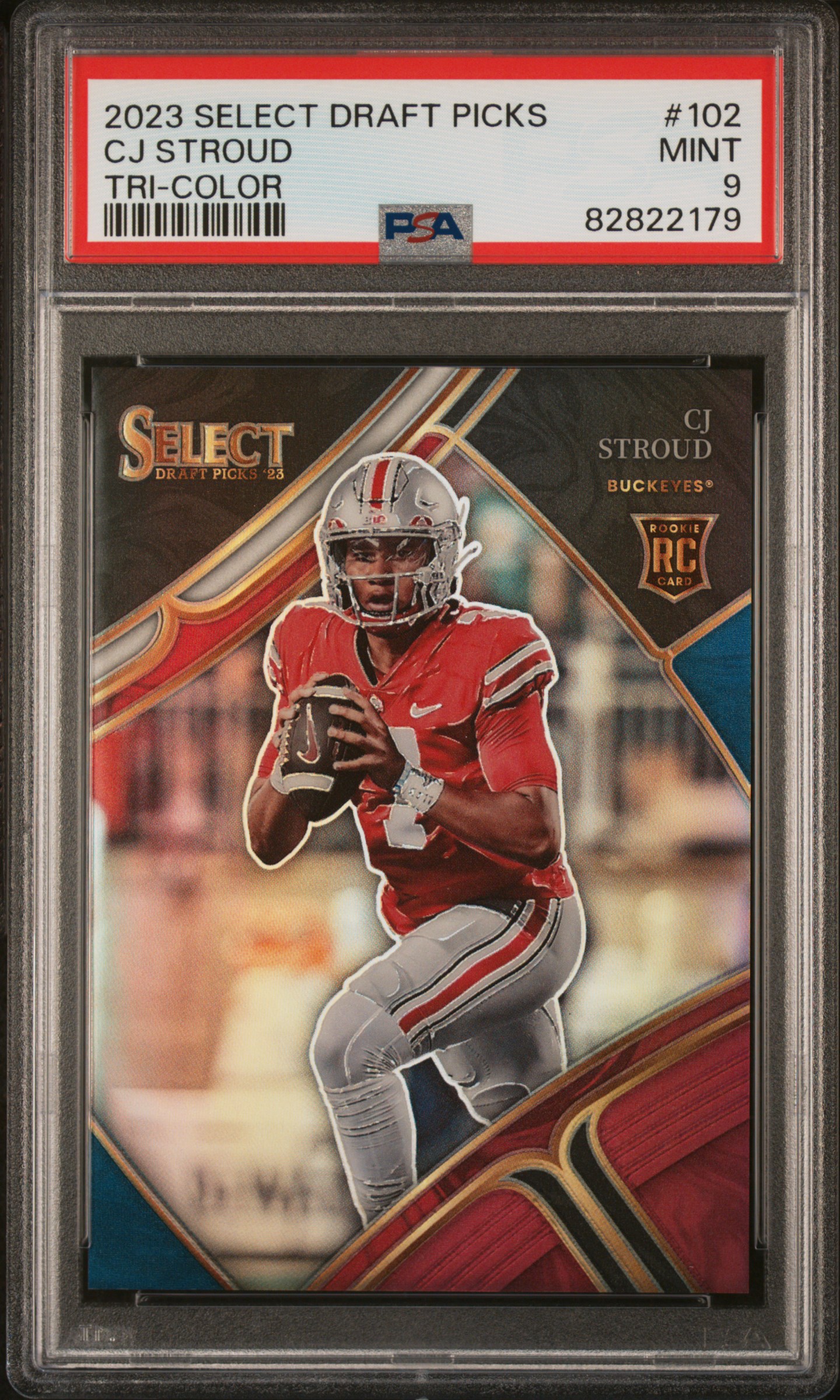 2023 Panini Select Draft Picks Tri-Color #102 Cj Stroud Rookie Card (#121/199) – PSA MINT 9