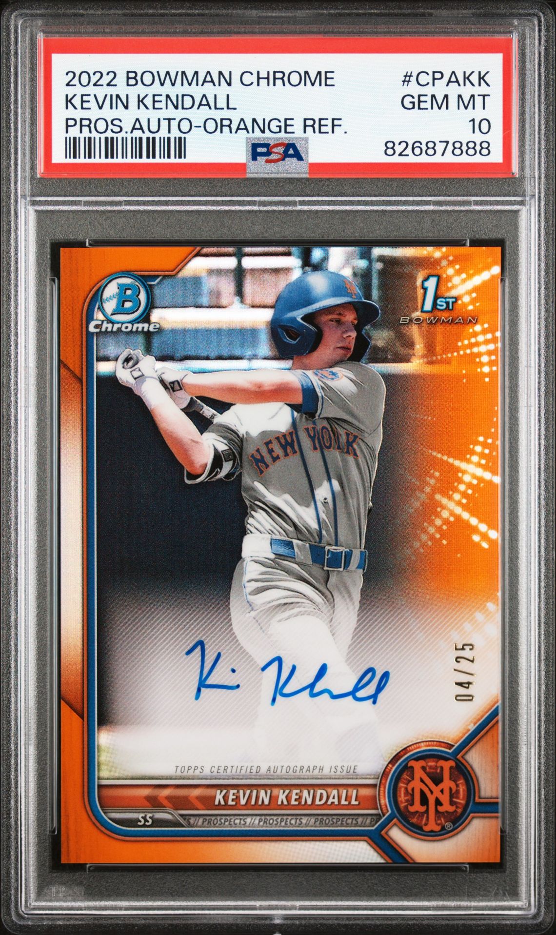 2022 Bowman BOWMAN CHROME PROSPECT AUTOGRAPHS PROS.AUTO-ORANGE REF. #CPAKK Kevin Kendall front