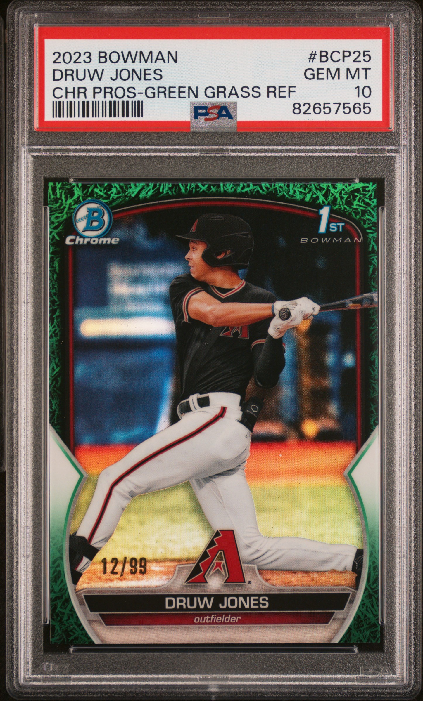 2023 Bowman Chrome Prospects Green Grass Refractor #BCP25 Druw Jones (#12/99) – PSA GEM MT 10