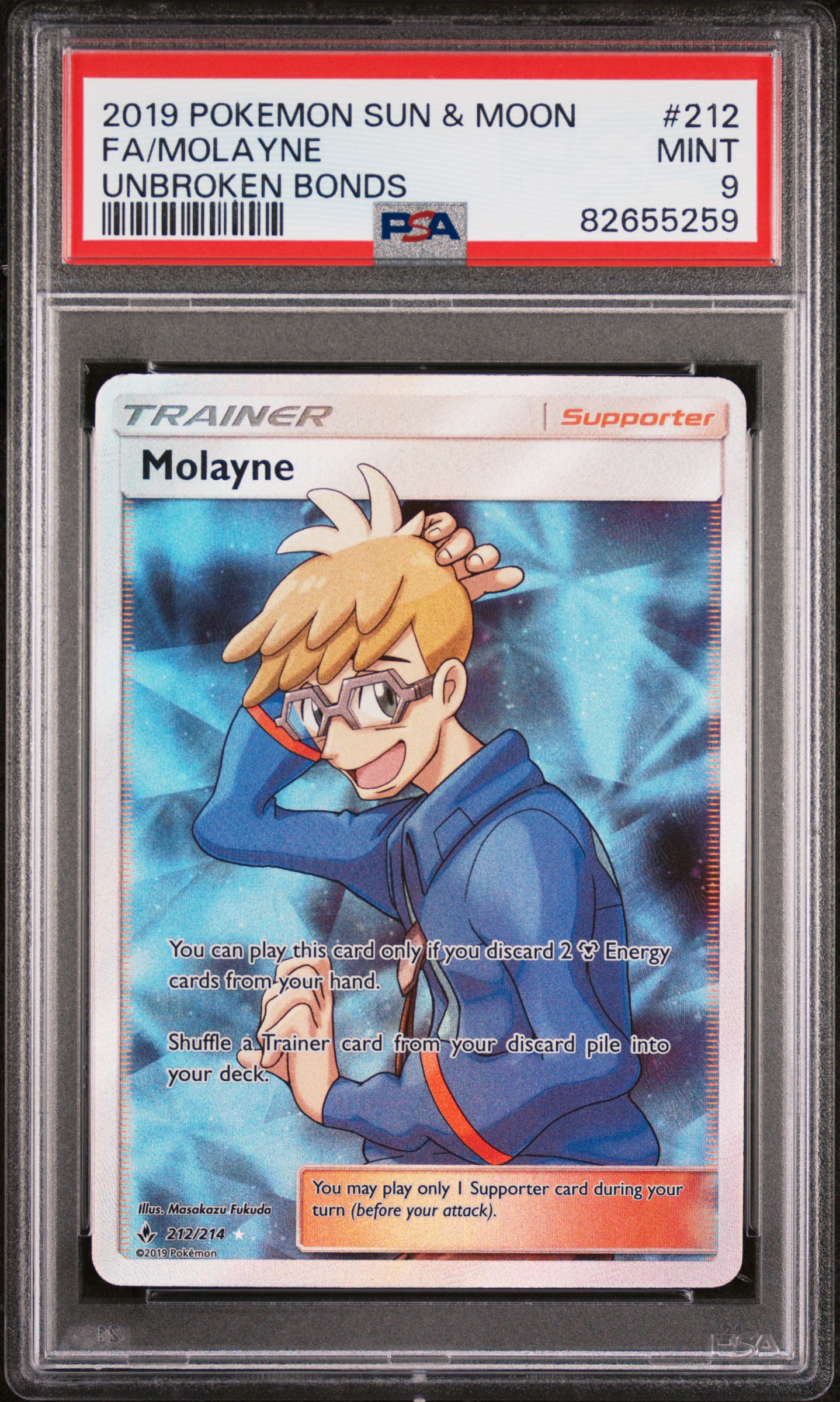 2019 Pokemon Sun & Moon Unbroken Bonds 212 Full Art/Molayne – PSA MINT 9