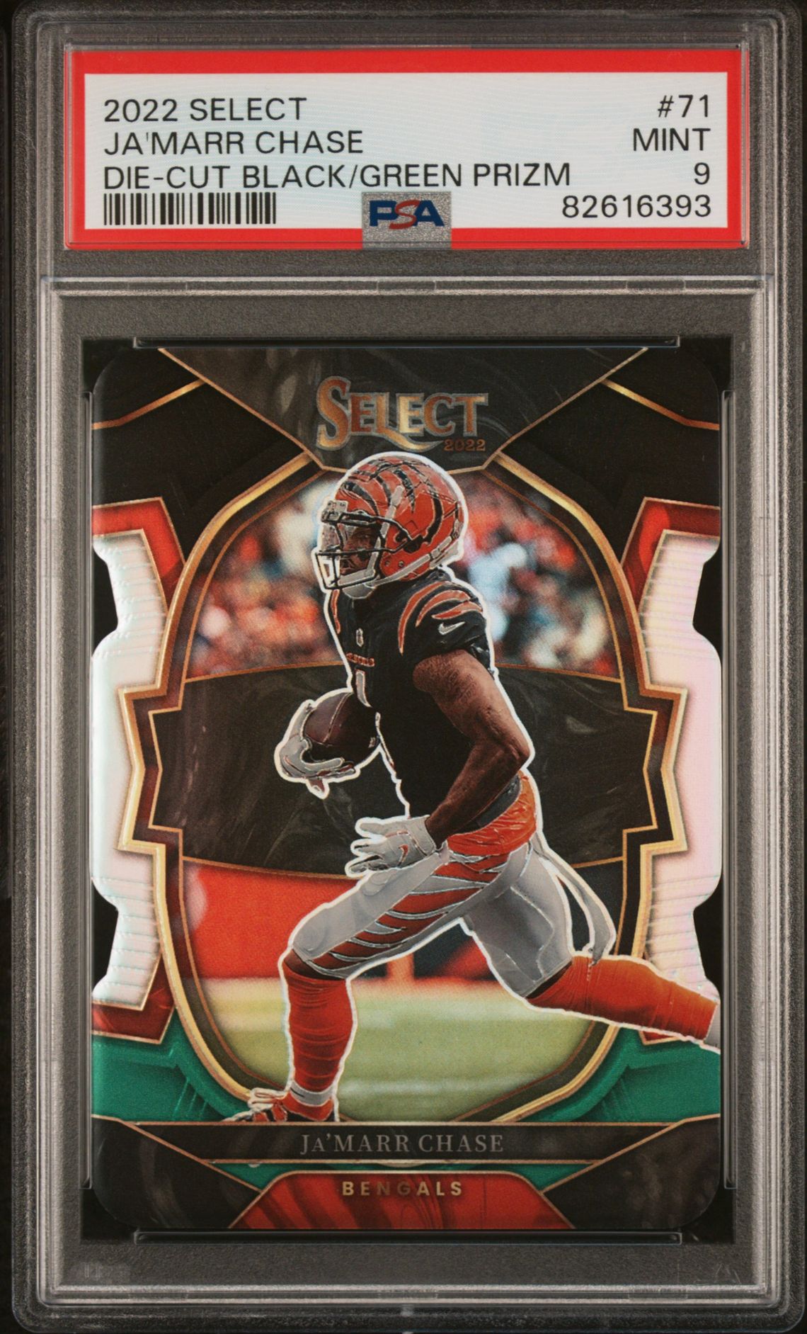 2022 Panini Select Ja'marr Chase #71 (Die-Cut Black/Green Prizm) Mint 9 front