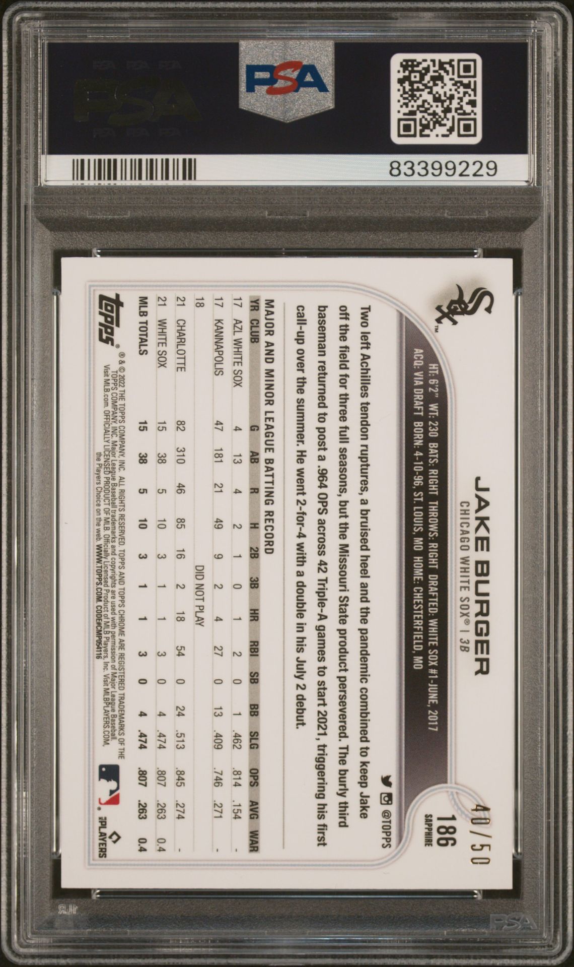 2022 Topps Chrome Sapphire Edition Jake Burger #186 (Sapphire Edition-Gold) Gem Mt 10 back