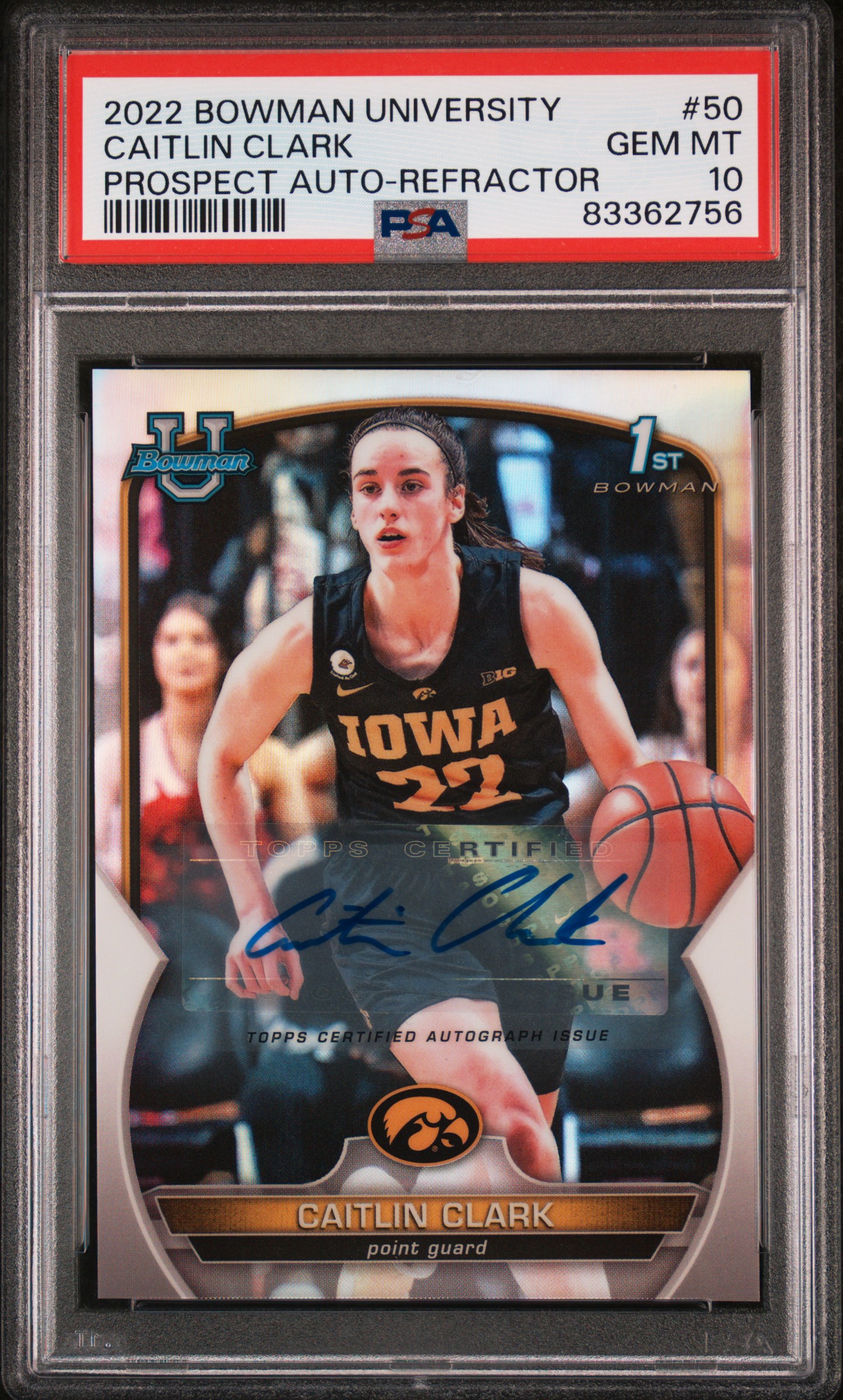 2022 BOWMAN CHROME UNIVERSITY #50 CAITLIN CLARK PROSPECT AUTO-REFRACTOR