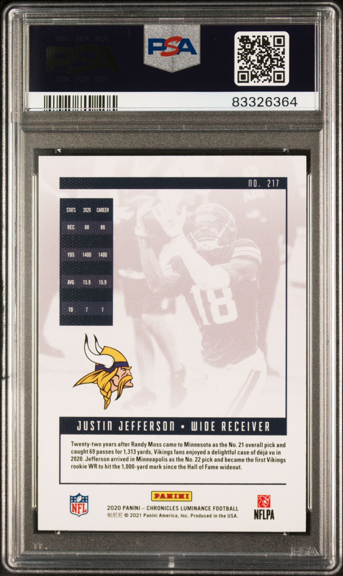 2020 Panini Chronicles Luminance Justin Jefferson #217 (Luminance) Gem Mt 10 back