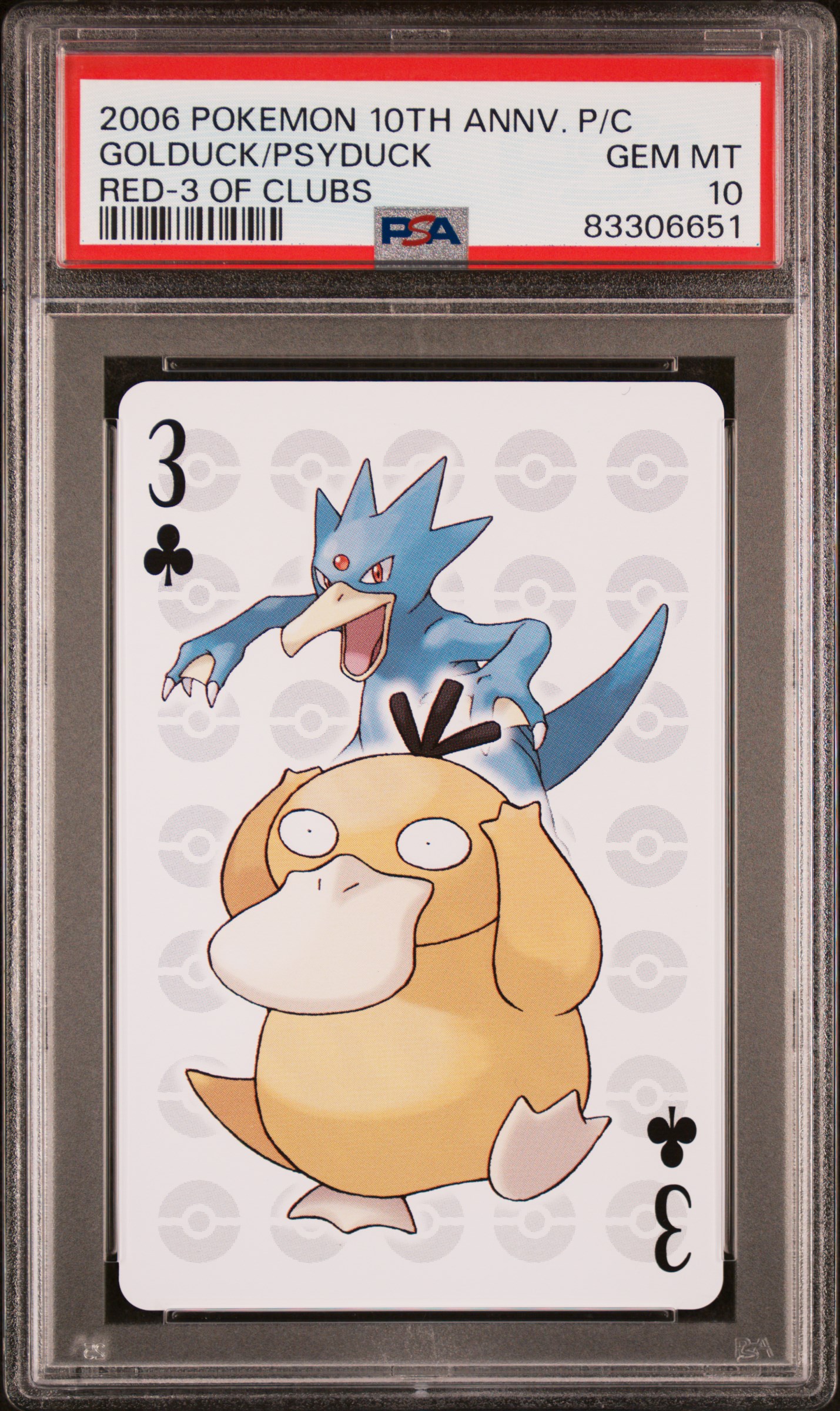 2006 POKEMON CENTER 10TH ANNIVERSARY PLAYING CARDS RED DECK GOLDUCK/PSYDUCK RED-3 OF CLUBS