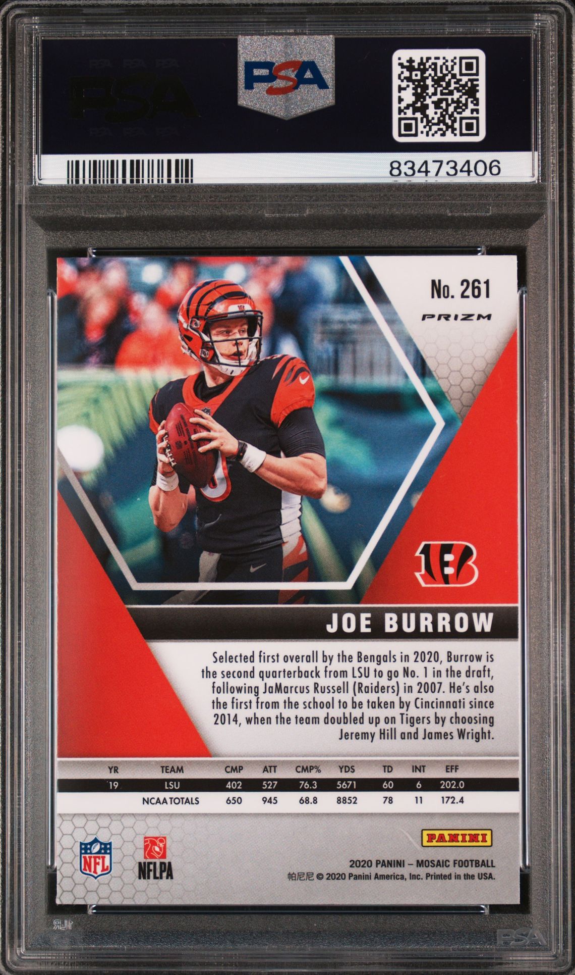2020 Panini Mosaic Joe Burrow #261 (Silver Prizm) Gem Mt 10 back