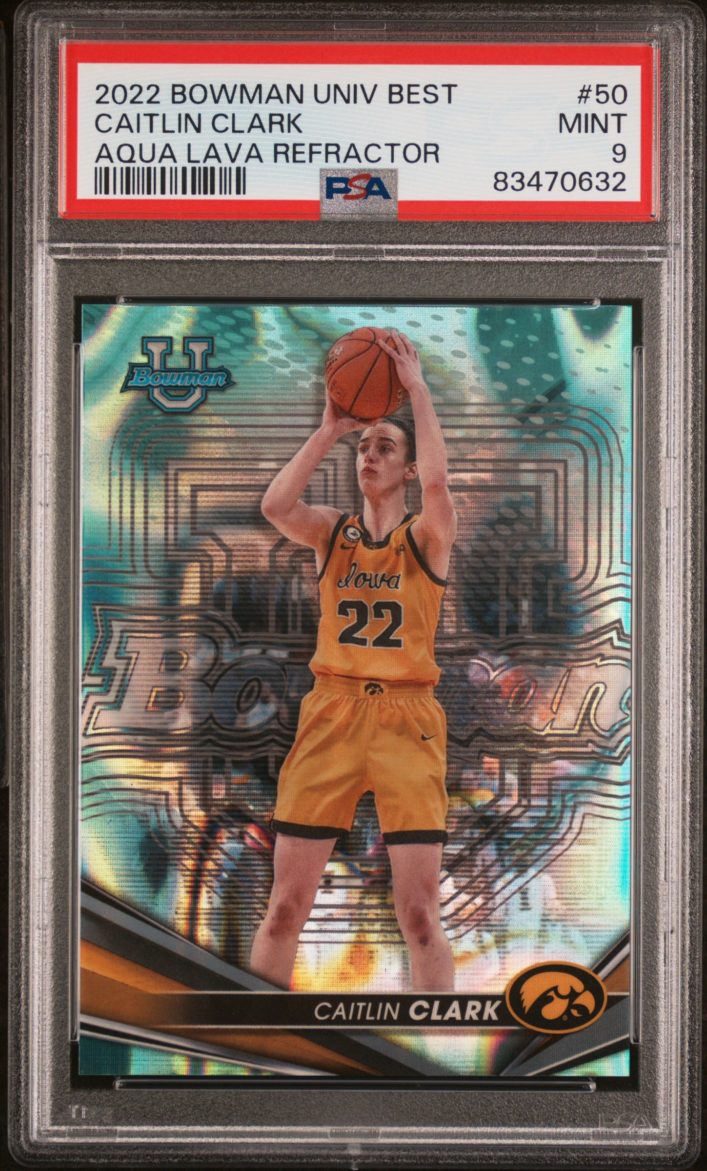 2022 BOWMAN UNIVERSITY BEST #50 CAITLIN CLARK AQUA LAVA REFRACTOR