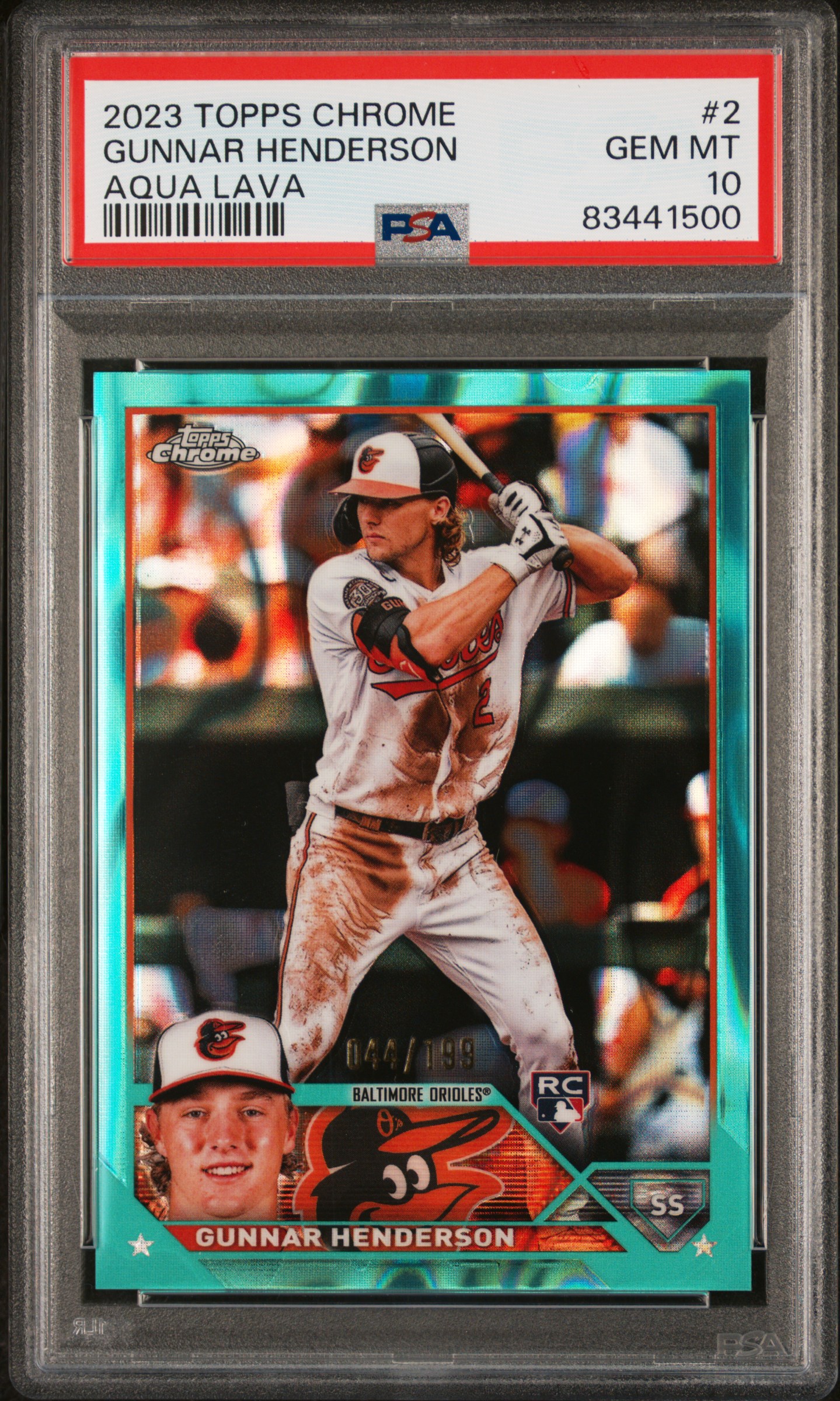 2023 Topps Chrome Aqua Lava #2 Gunnar Henderson Rookie Card (#44/199) – PSA GEM MT 10