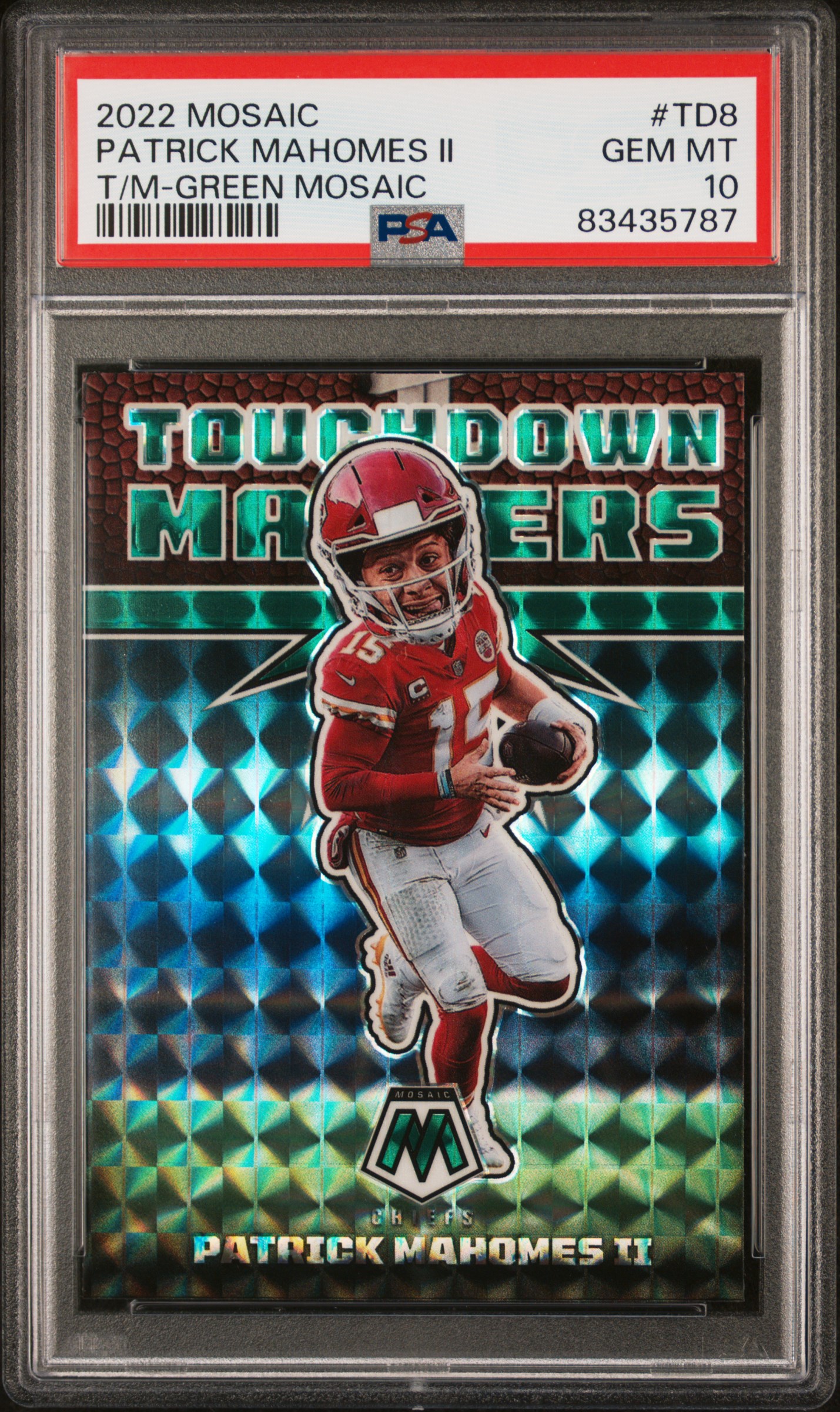 2022 PANINI MOSAIC TOUCHDOWN MASTERS #TD8 PATRICK MAHOMES II T/M-GREEN MOSAIC