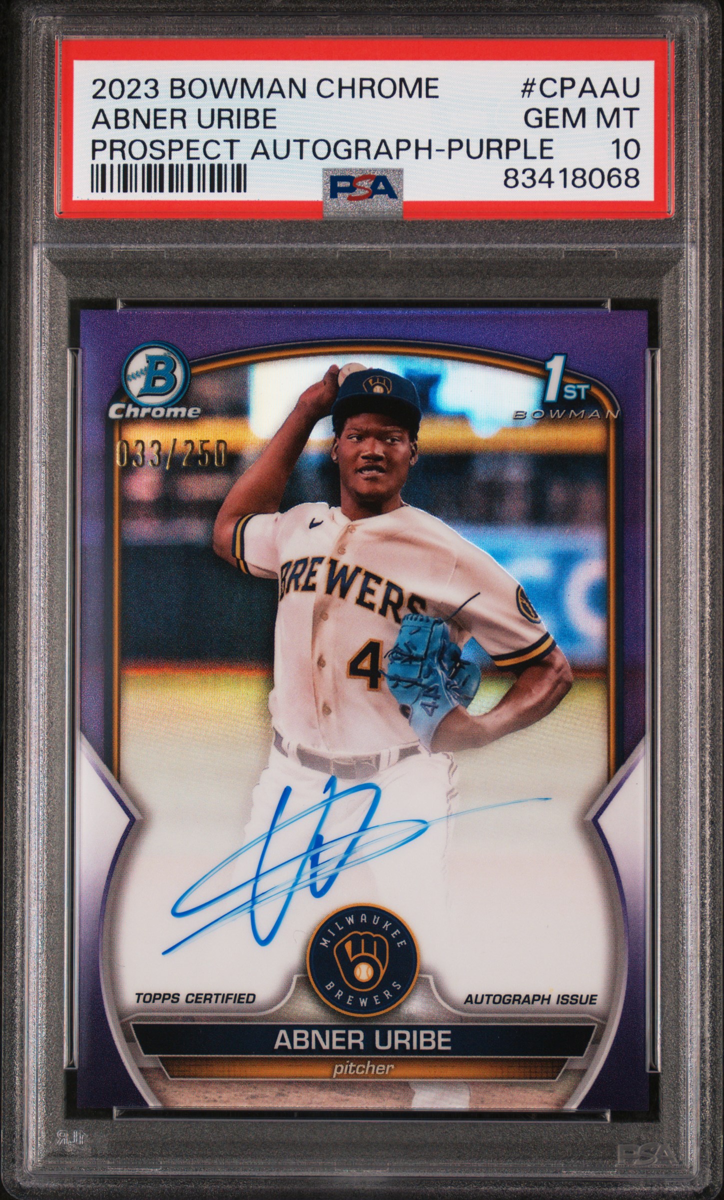 2023 Bowman Chrome Prospect Autographs Purple #CPA-AU Abner Uribe Signed Rookie Card (#033/250) – PSA GEM MT 10