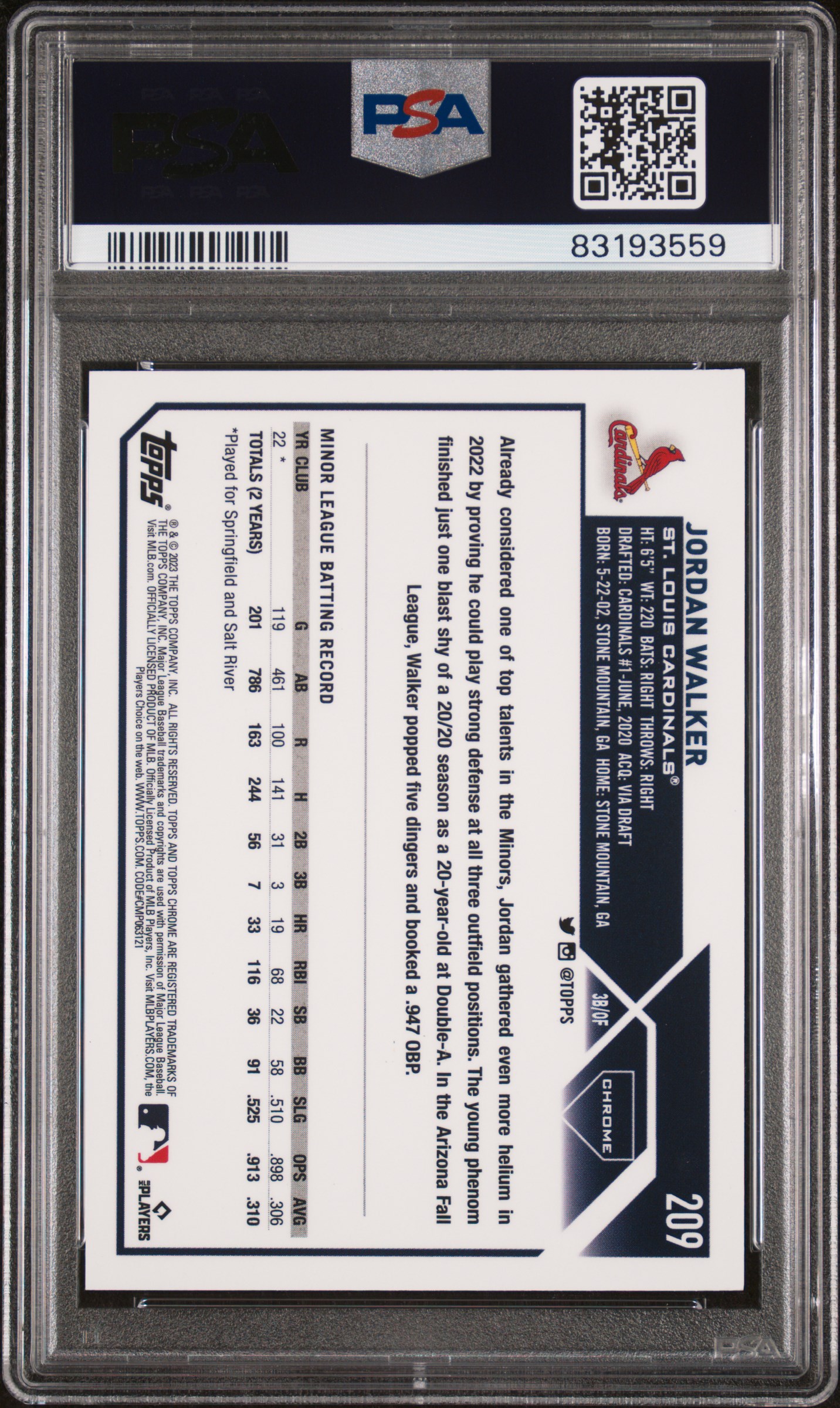 2023 Topps Chrome Jordan Walker #209 (Gold Wave Refractor) Mint 9 back