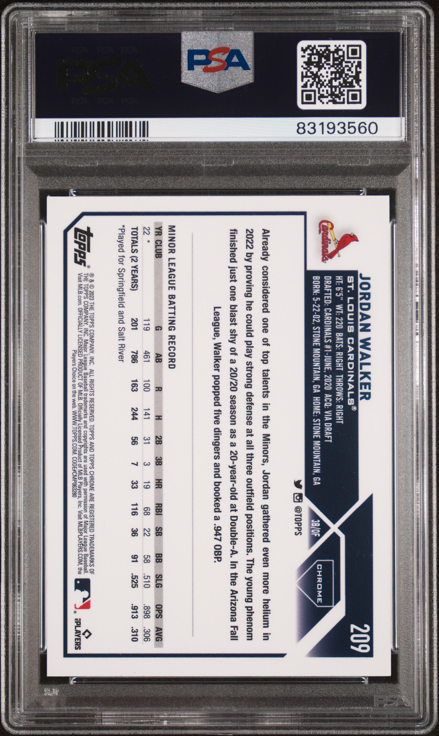 2023 Topps Chrome Logofractor Edition Jordan Walker #209 (Yellow Refractor) Mint 9 back