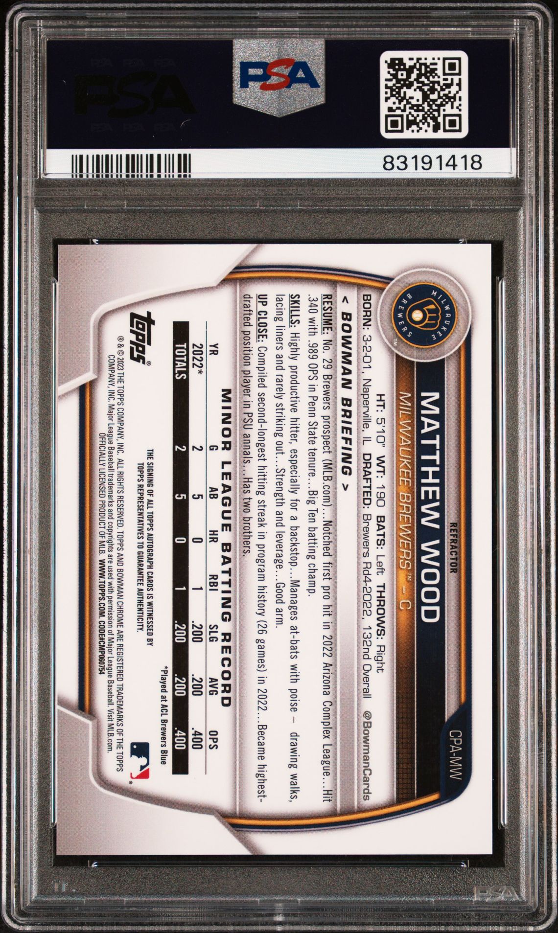 2023 BOWMAN CHROME PROSPECT AUTOGRAPHS MATTHEW WOOD CHR PROS AUTO-REFRACTOR CPAMW GEM MT 10 back