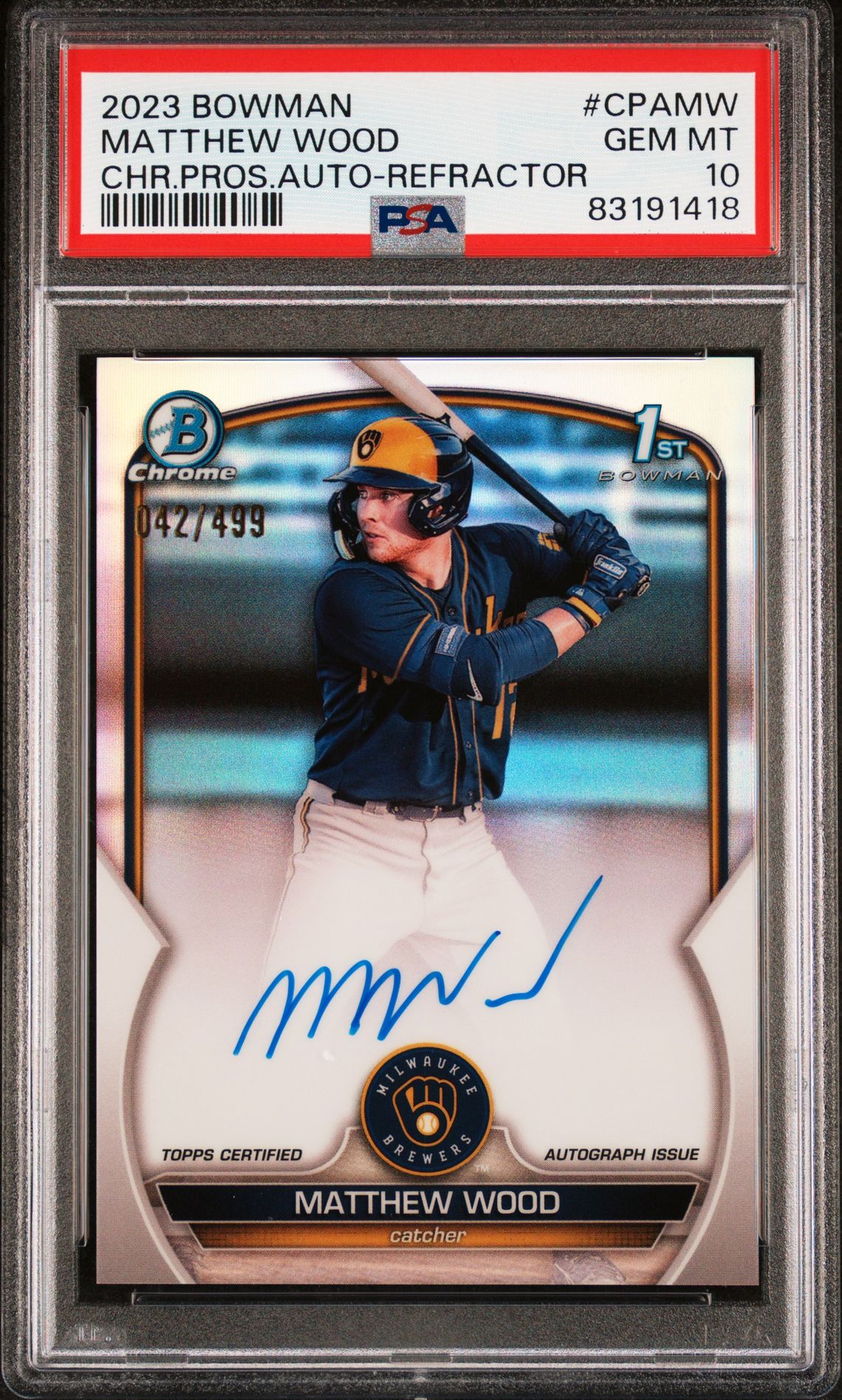 2023 BOWMAN CHROME PROSPECT AUTOGRAPHS MATTHEW WOOD CHR PROS AUTO-REFRACTOR CPAMW GEM MT 10 front