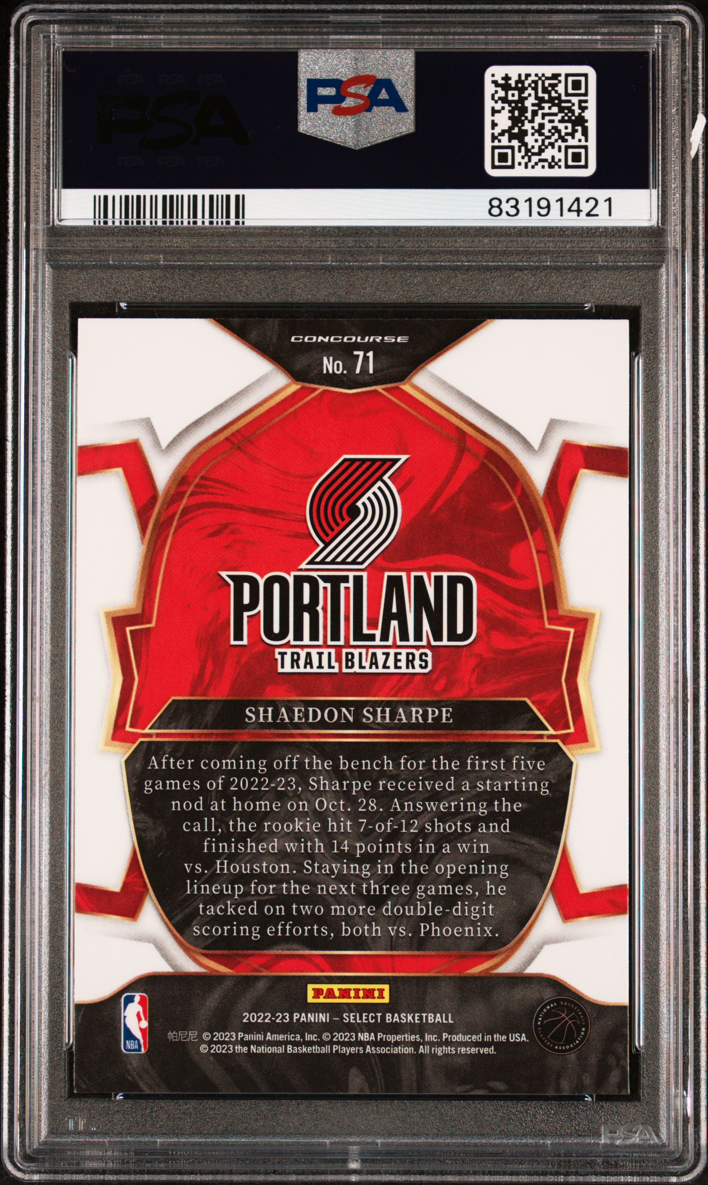 2022 Panini Select Shaedon Sharpe #71 Gem Mt 10 back