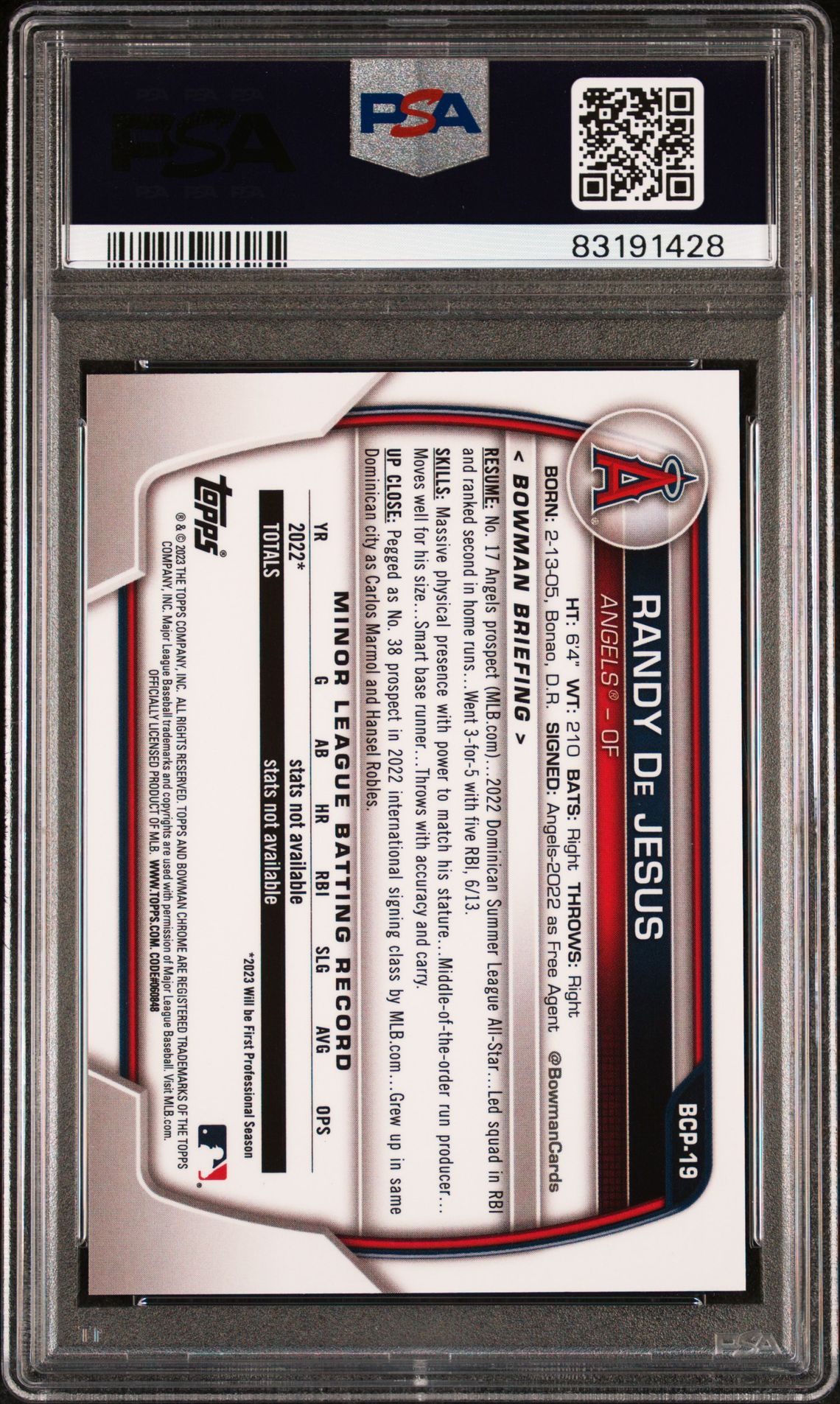 2023 Bowman Sapphire Edition Chrome Prospects Randy De Jesus #Bcp19 (Chrome Prospects-Green) Gem Mt 10 back view - PSA certificate #83191428