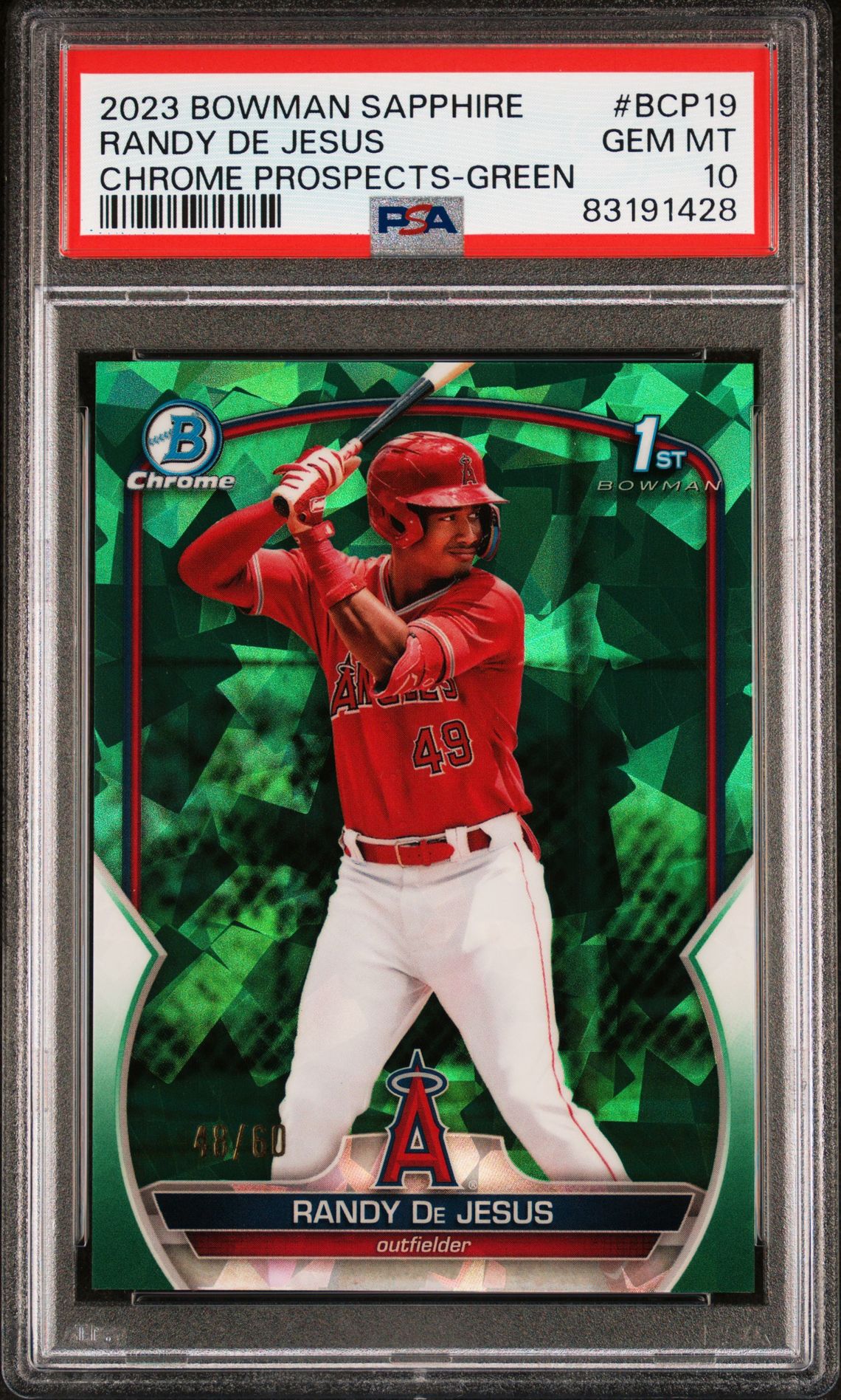 2023 Bowman Sapphire Edition Chrome Prospects Randy De Jesus #Bcp19 (Chrome Prospects-Green) Gem Mt 10 front view - PSA graded GEM MT 10