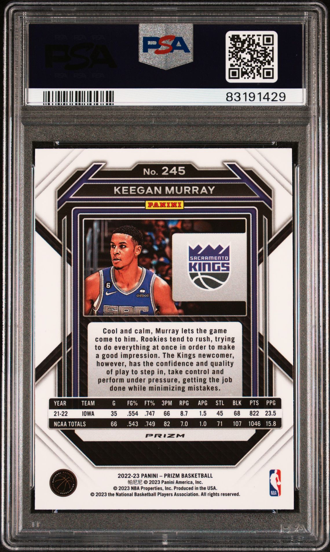 2022 Panini Prizm Keegan Murray #245 (Silver Prizm) Gem Mt 10 back view - PSA certificate #83191429