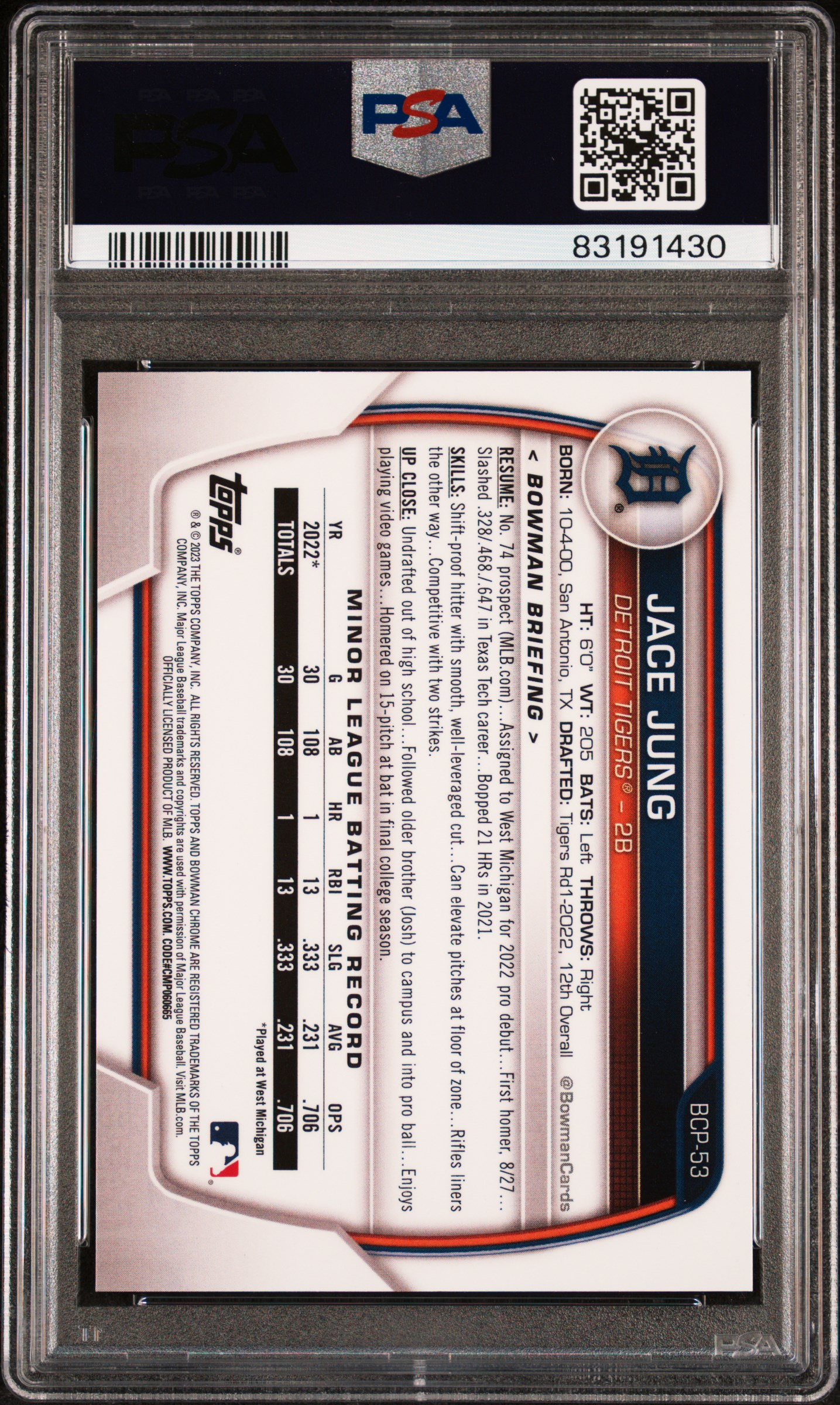 2023 Bowman Chrome Prospects Jace Jung #Bcp53 (Chrome Pros-Orange Ref) Gem Mt 10 back