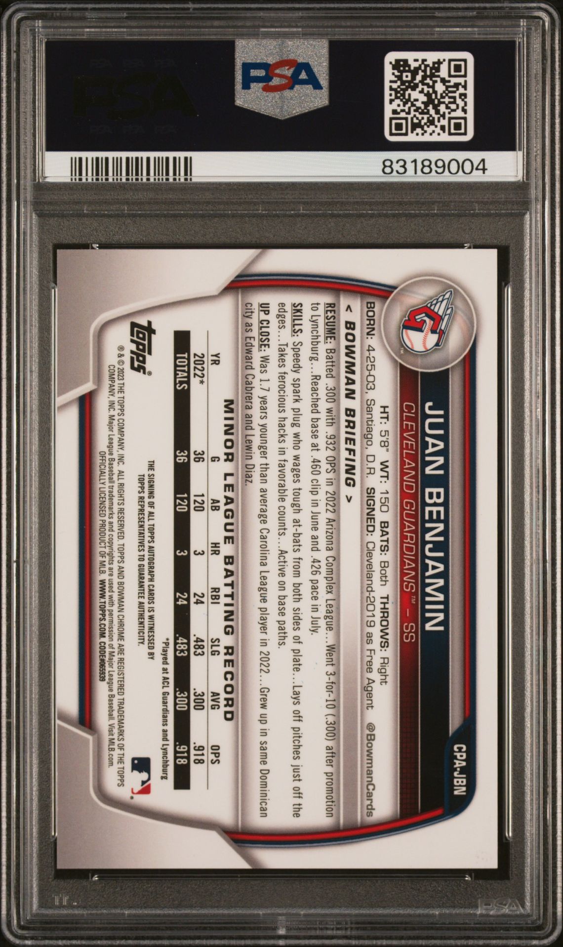2023 Bowman Chrome Prospect Autographs Juan Benjamin #Cpajbn (Prospect Auto-Red Shimmer) Mint 9 back