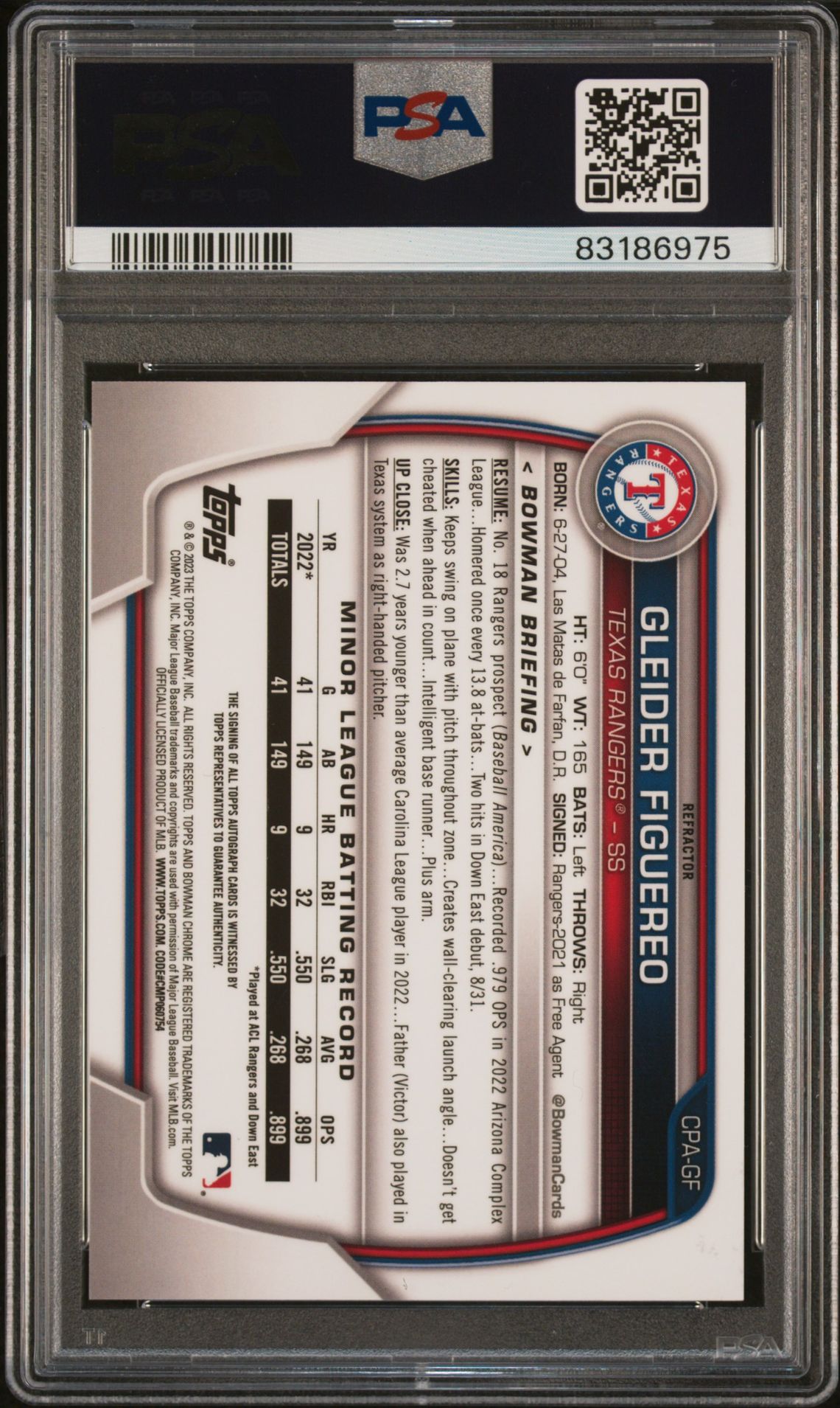 2023 Bowman Chrome Prospect Autographs Gleider Figuereo #Cpagf (Chr Pros Auto-Refractor) Gem Mt 10 back view - PSA certificate #83186975