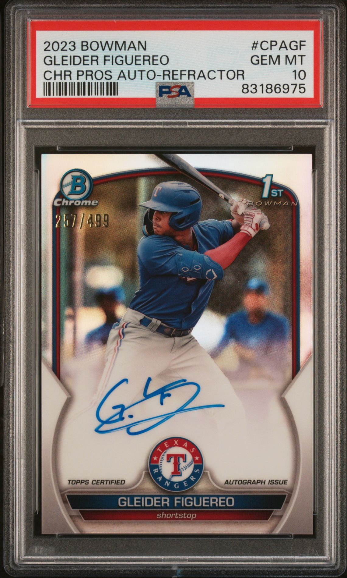 2023 Bowman Chrome Prospect Autographs Gleider Figuereo #Cpagf (Chr Pros Auto-Refractor) Gem Mt 10 front view - PSA graded GEM MT 10
