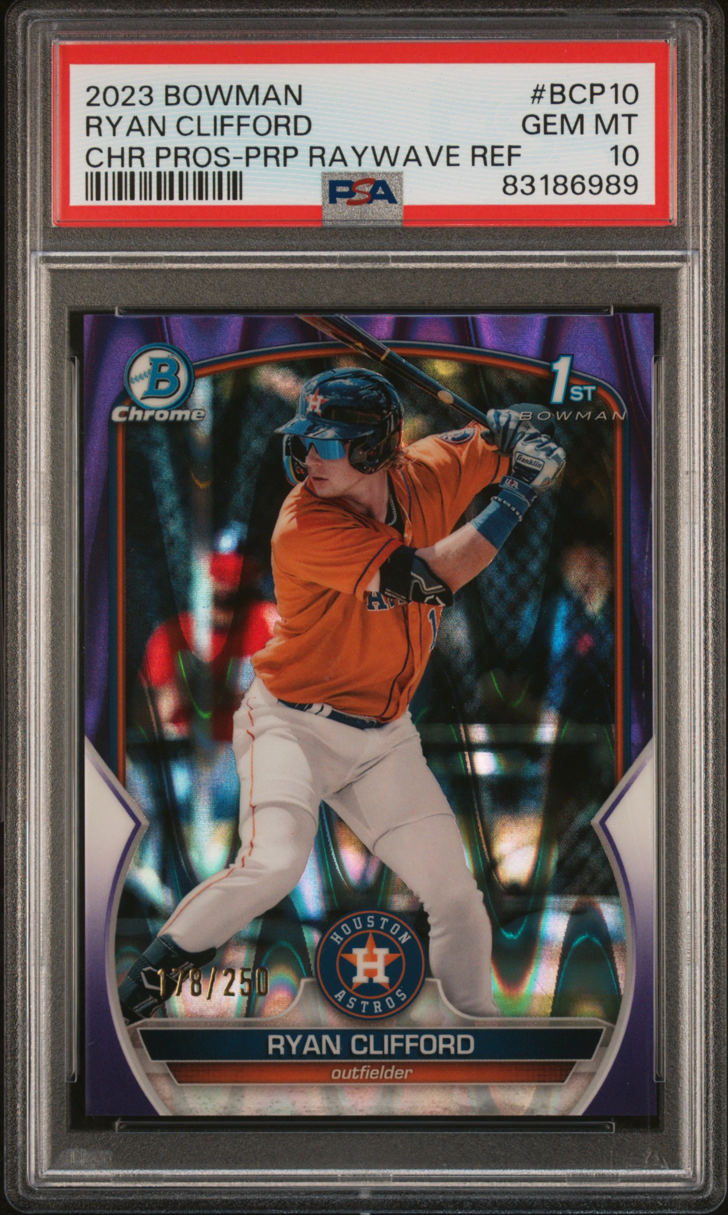 2023 Bowman Chrome Prospects Ryan Clifford #Bcp10 (Chr Pros-Purple Raywave) Gem Mt 10 front