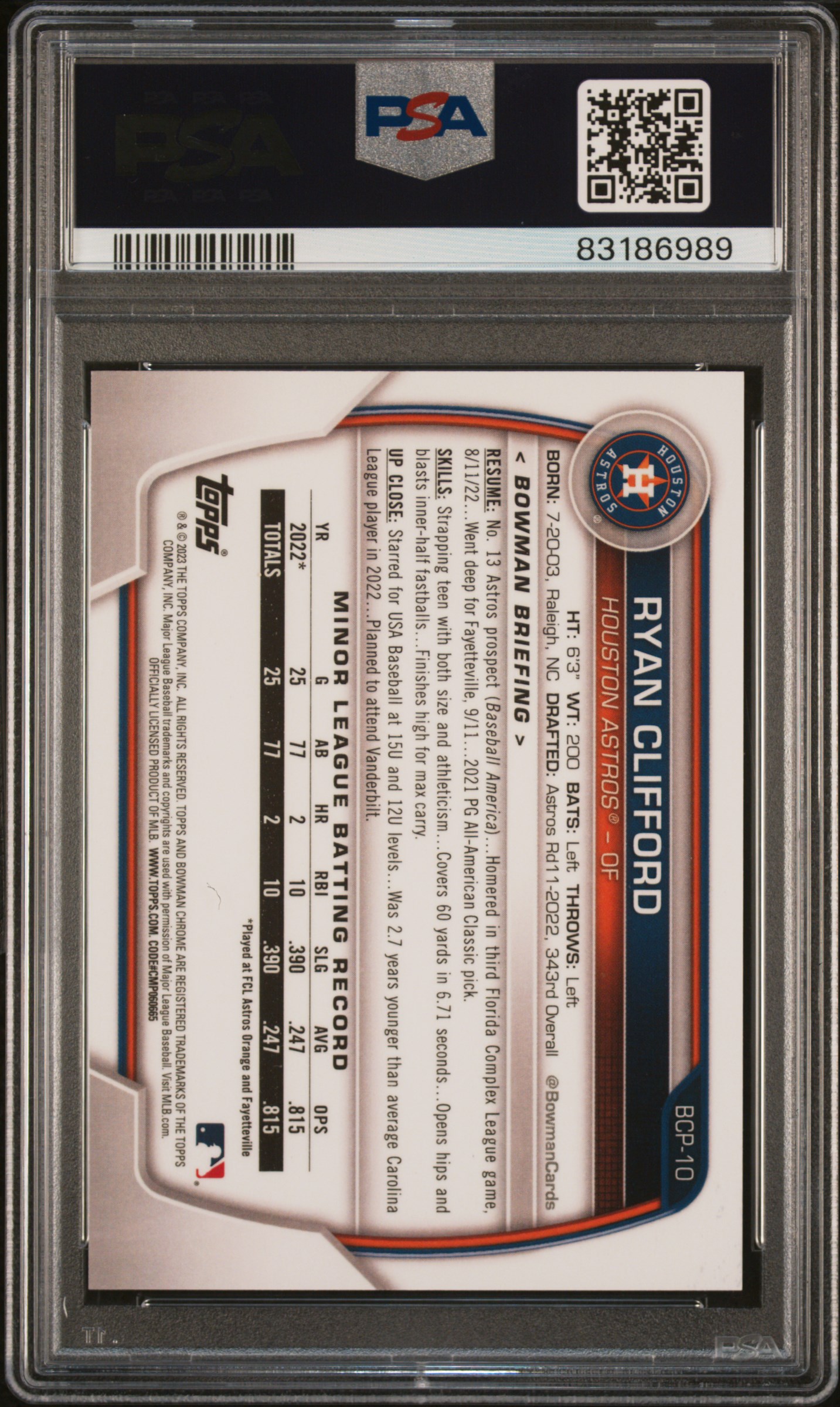 2023 Bowman Chrome Prospects Ryan Clifford #Bcp10 (Chr Pros-Purple Raywave) Gem Mt 10 back