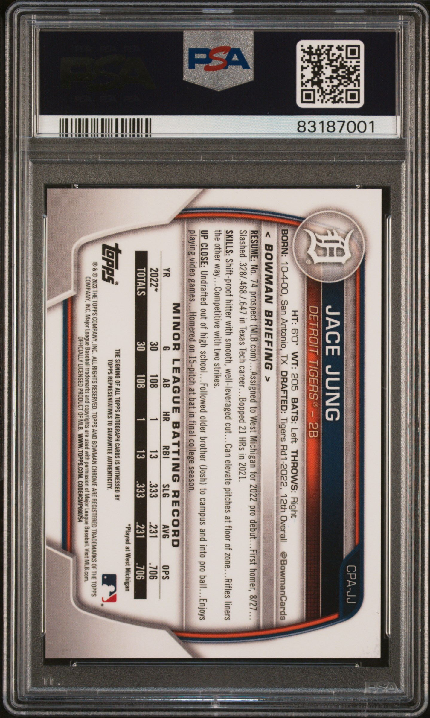 2023 Bowman Chrome Prospect Autographs Jace Jung #Cpajj (Chrome Prospect Auto) Gem Mt 10 back