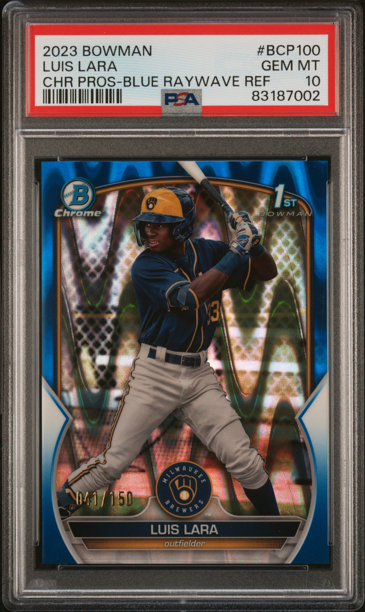 2023 Bowman Chrome Prospects Luis Lara #Bcp100 (Chrome Pros-Blue Raywave) Gem Mt 10 front