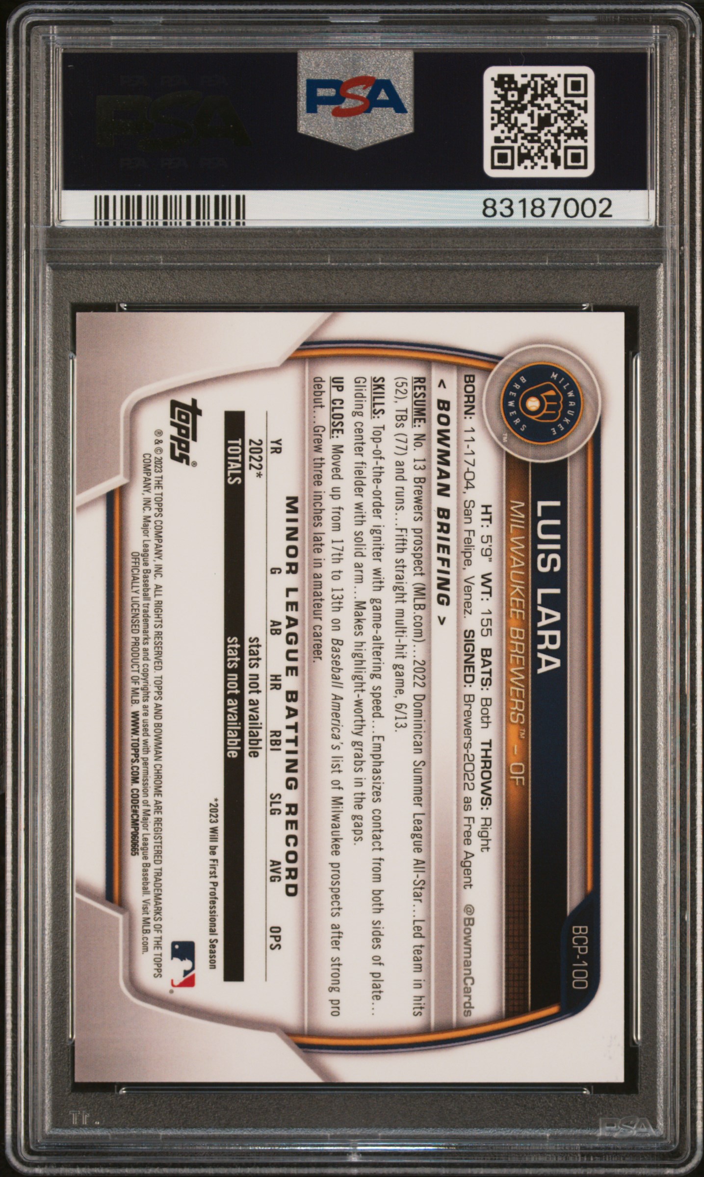 2023 Bowman Chrome Prospects Luis Lara #Bcp100 (Chrome Pros-Blue Raywave) Gem Mt 10 back