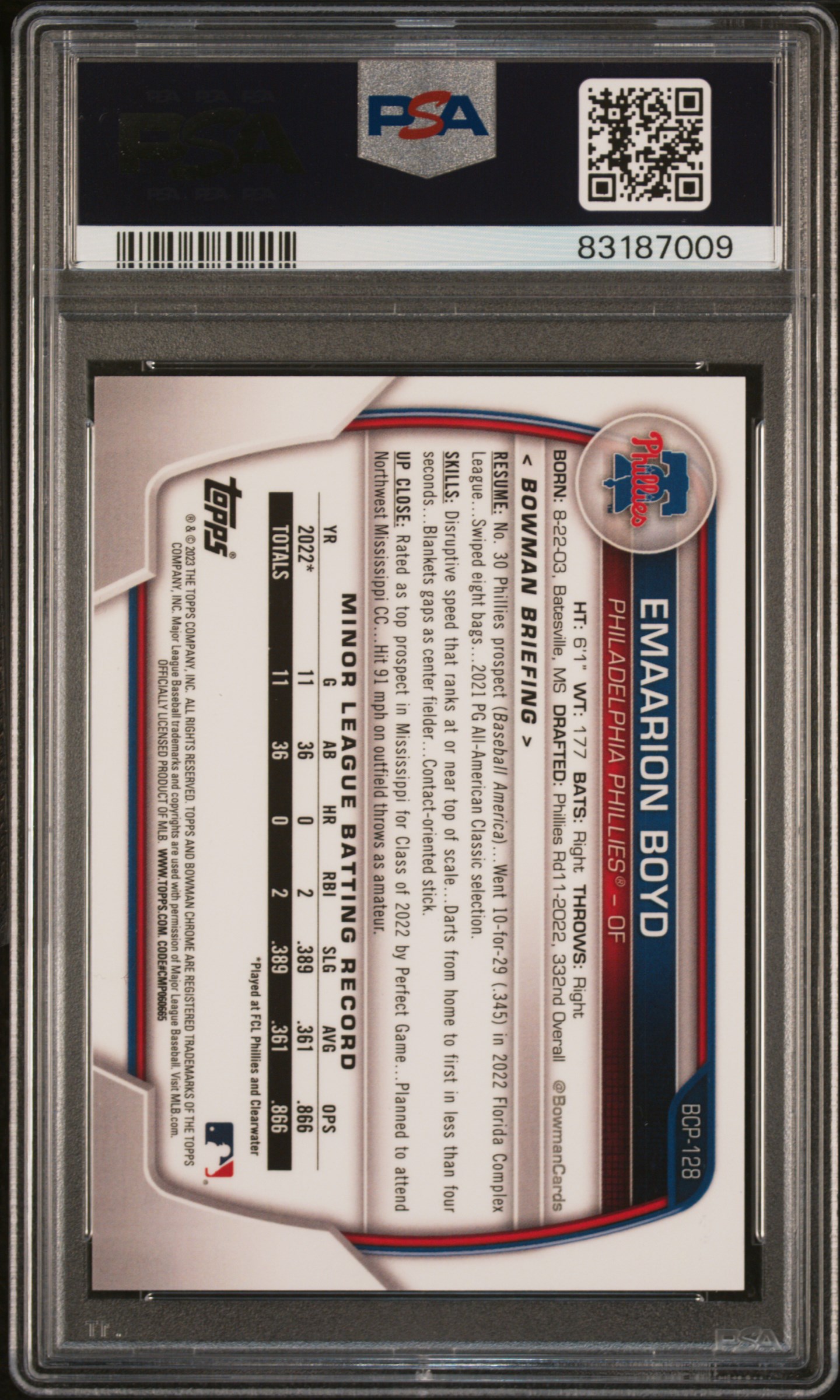 2023 Bowman Chrome Prospects Emaarion Boyd #Bcp128 (Chr Prospects-Purple Ref) Gem Mt 10 back