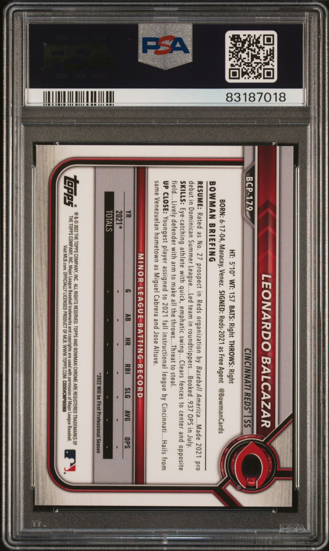 2022 Bowman Chrome X Prospects Leonardo Balcazar #179 (Prospects) Gem Mt 10 back view - PSA certificate #83187018
