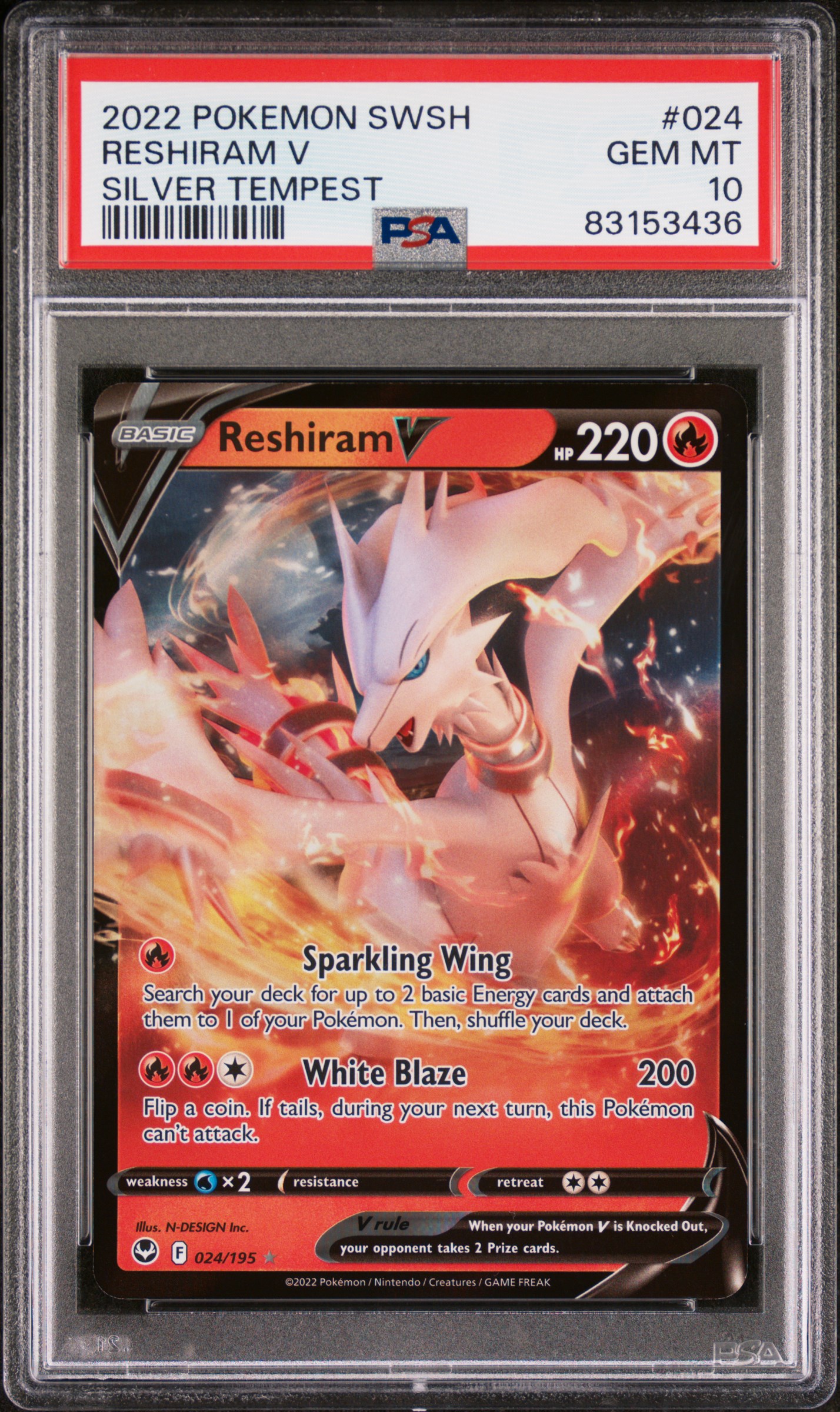 2022 POKEMON SWORD & SHIELD SILVER TEMPEST #024 RESHIRAM V SILVER TEMPEST
