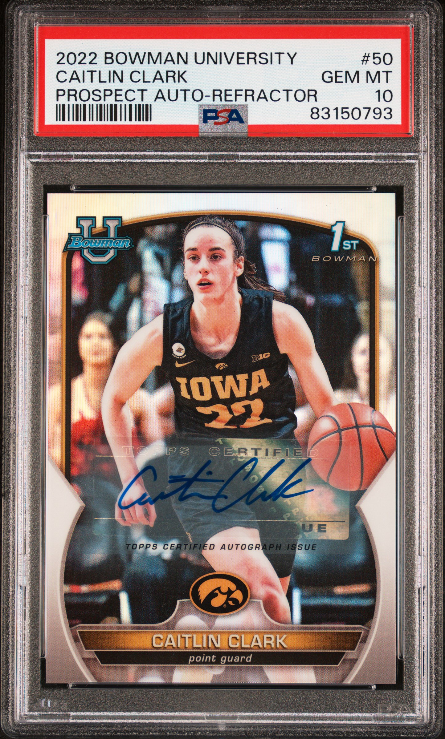 2022 BOWMAN CHROME UNIVERSITY #50 CAITLIN CLARK PROSPECT AUTO-REFRACTOR