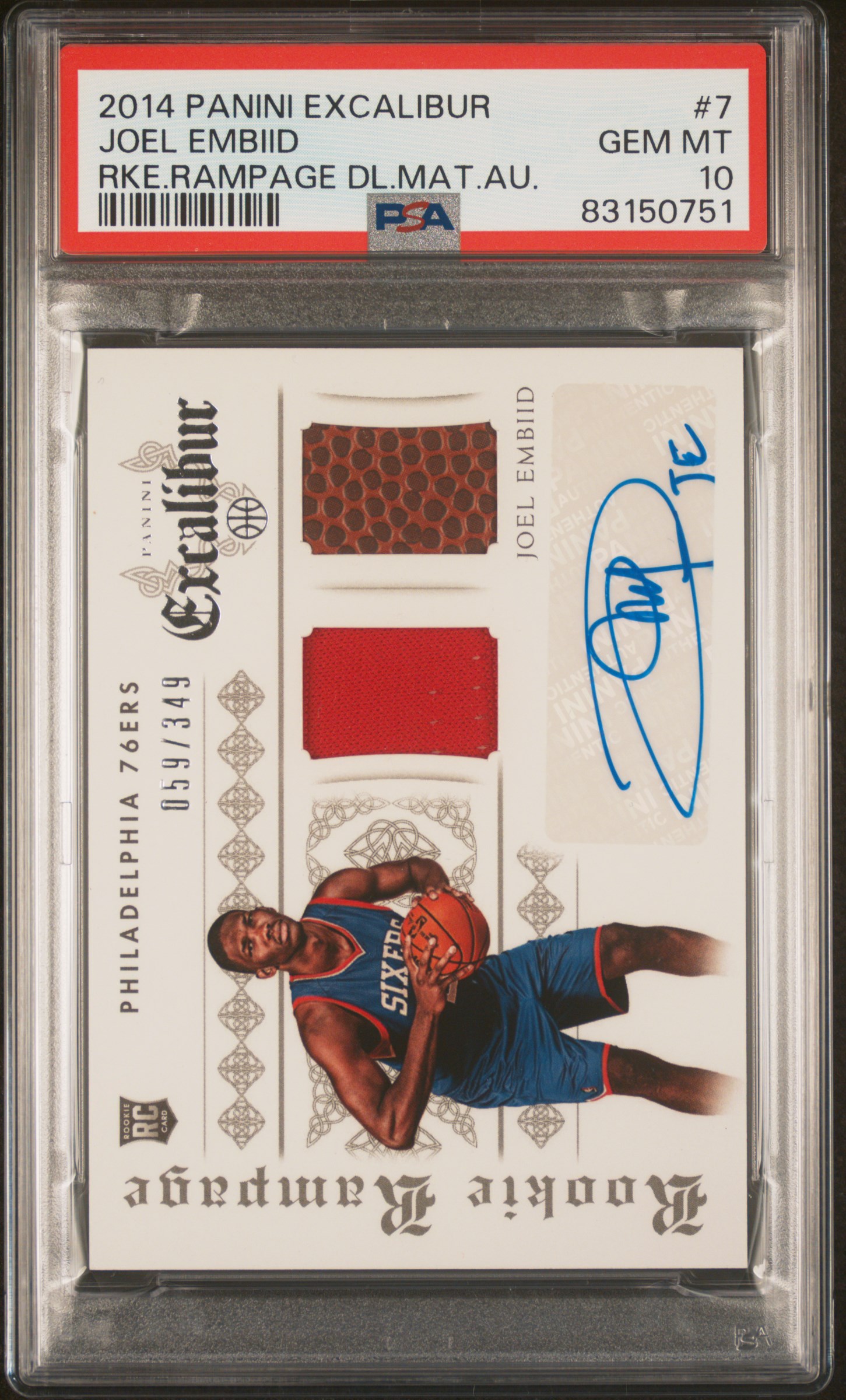 2014 PANINI EXCALIBUR ROOKIE RAMPAGE DUAL MATERIALS AUTOGRAPH #7 JOEL EMBIID RKE.RAMPAGE DL.MAT.AU.