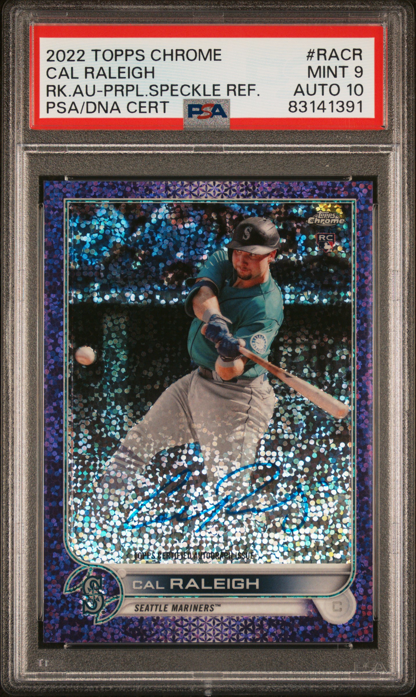 2022 TOPPS CHROME ROOKIE AUTOGRAPHS #RACR CAL RALEIGH RK.AU-PRPL.SPECKLE REF.