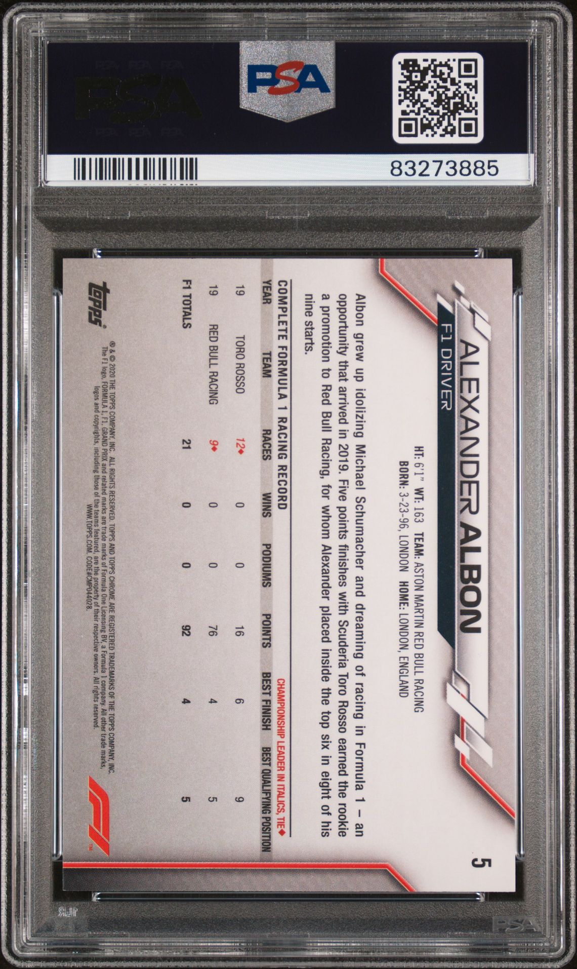 2020 Topps Chrome Formula 1 Alexander Albon #5 (70Th Anniversary-Gold) Gem Mt 10 back