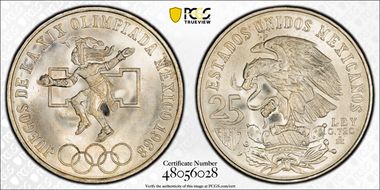 1968-Mo 25 Peso Olympic KM-479.1 Rings Align, Straight Tongue MS68